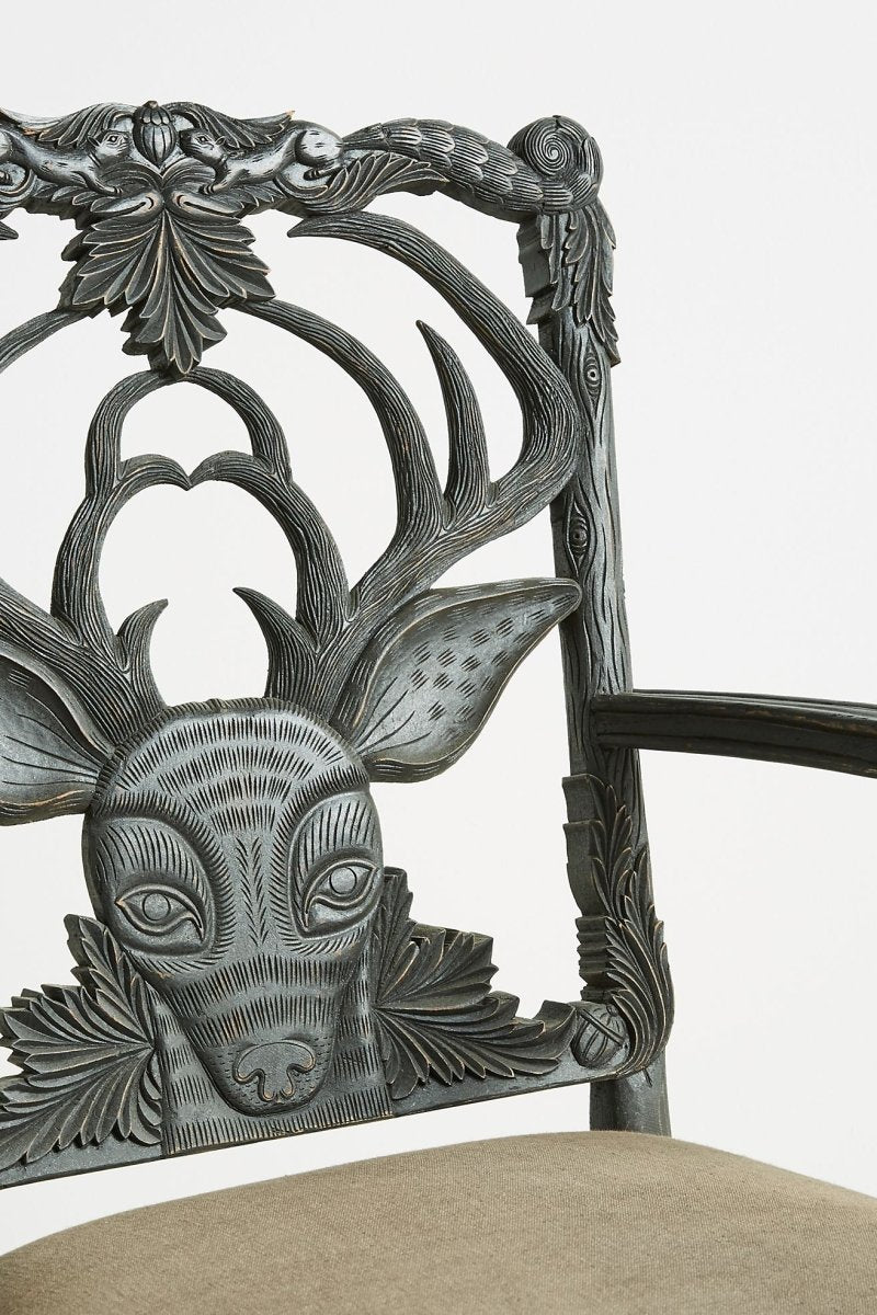 Hand Carved Black Menagerie Deer Armchair - Handmade Solid Wood Dining Chair with High Back Support | Rustic Home Decor, Farmhouse Dining Room, Lodge Living Room Furniture