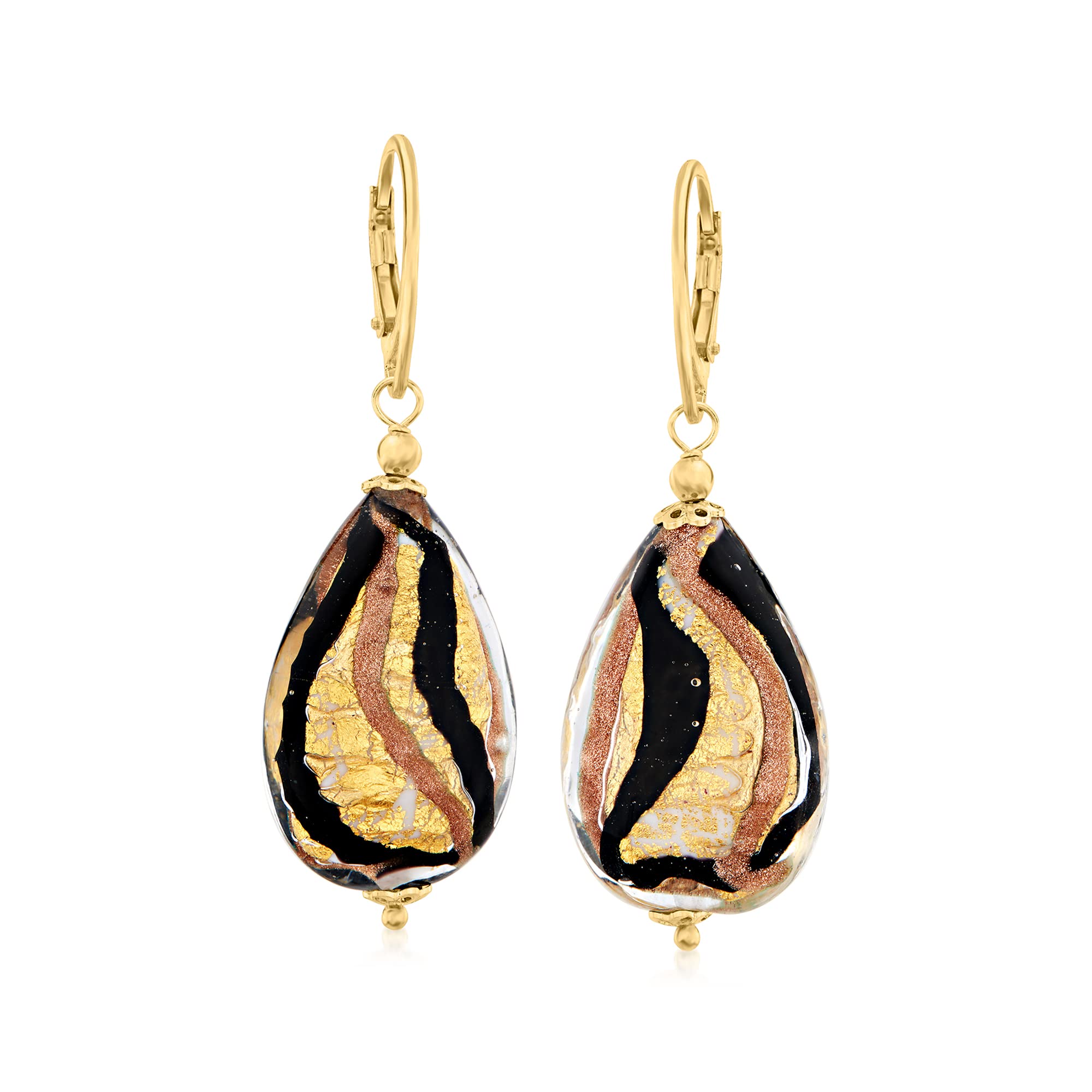 Ross-Simons 18kt Gold Over Sterling Italian Murano Glass Drop Earrings - Black & Goldtone Elegance for Parties, Weddings & Special Occasions