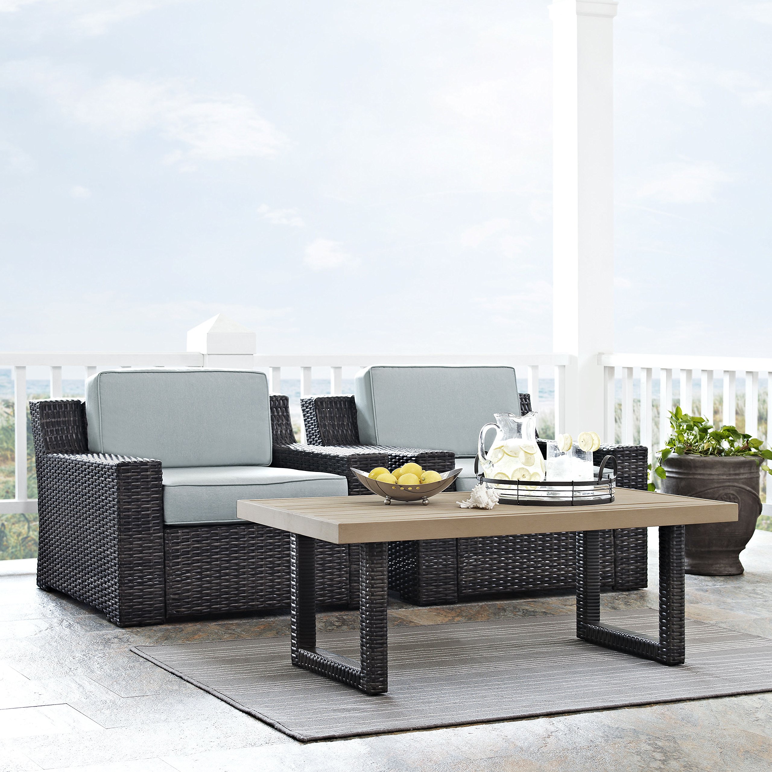 Crosley Furniture Beaufort 3-Piece Outdoor Wicker Patio Set - Brown Rattan Chairs & Coffee Table with Mist Cushions for Garden, Poolside & Backyard Relaxation