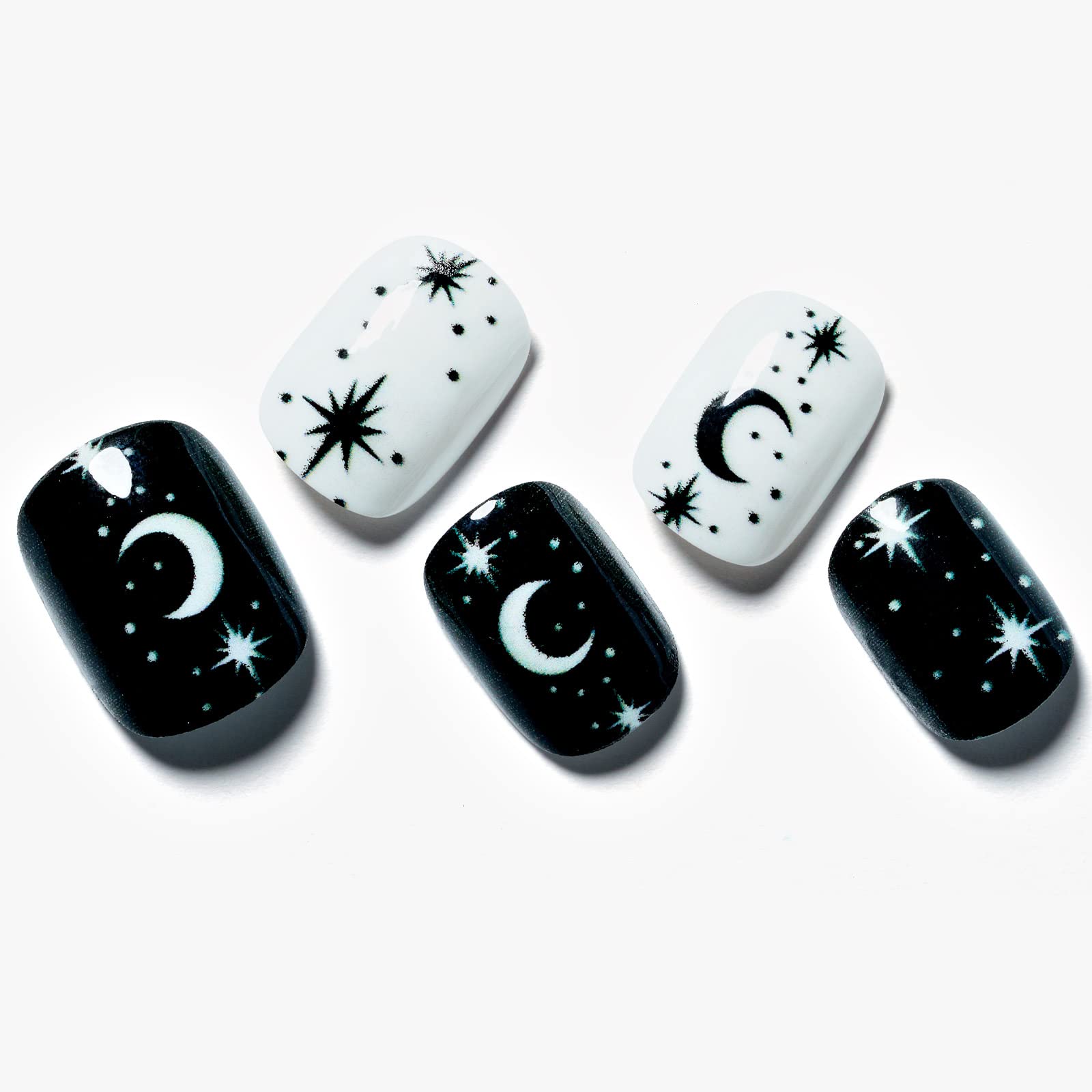 Gothic Black and White Press on Nails with Stars - 24Pcs Short Squoval Fake Nails, Reusable Glossy UV Gel Acrylic Nails for Women | Perfect for Halloween, Parties, and Everyday Manicure
