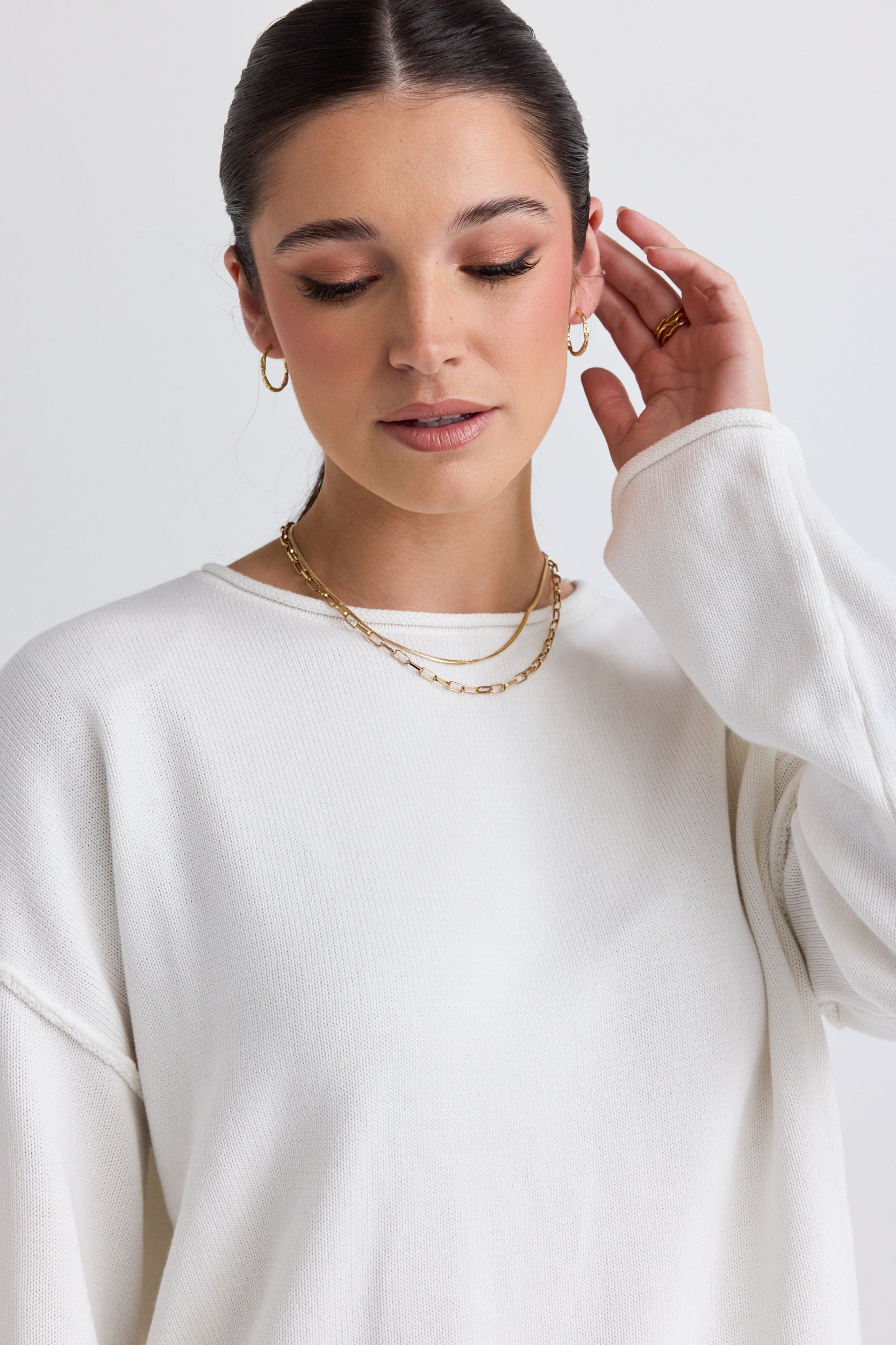 Women's Ivory Long Sleeve Cotton Jumper - Soft Casual Pullover Sweater for Daytime Wear, Office & Weekend Outfits