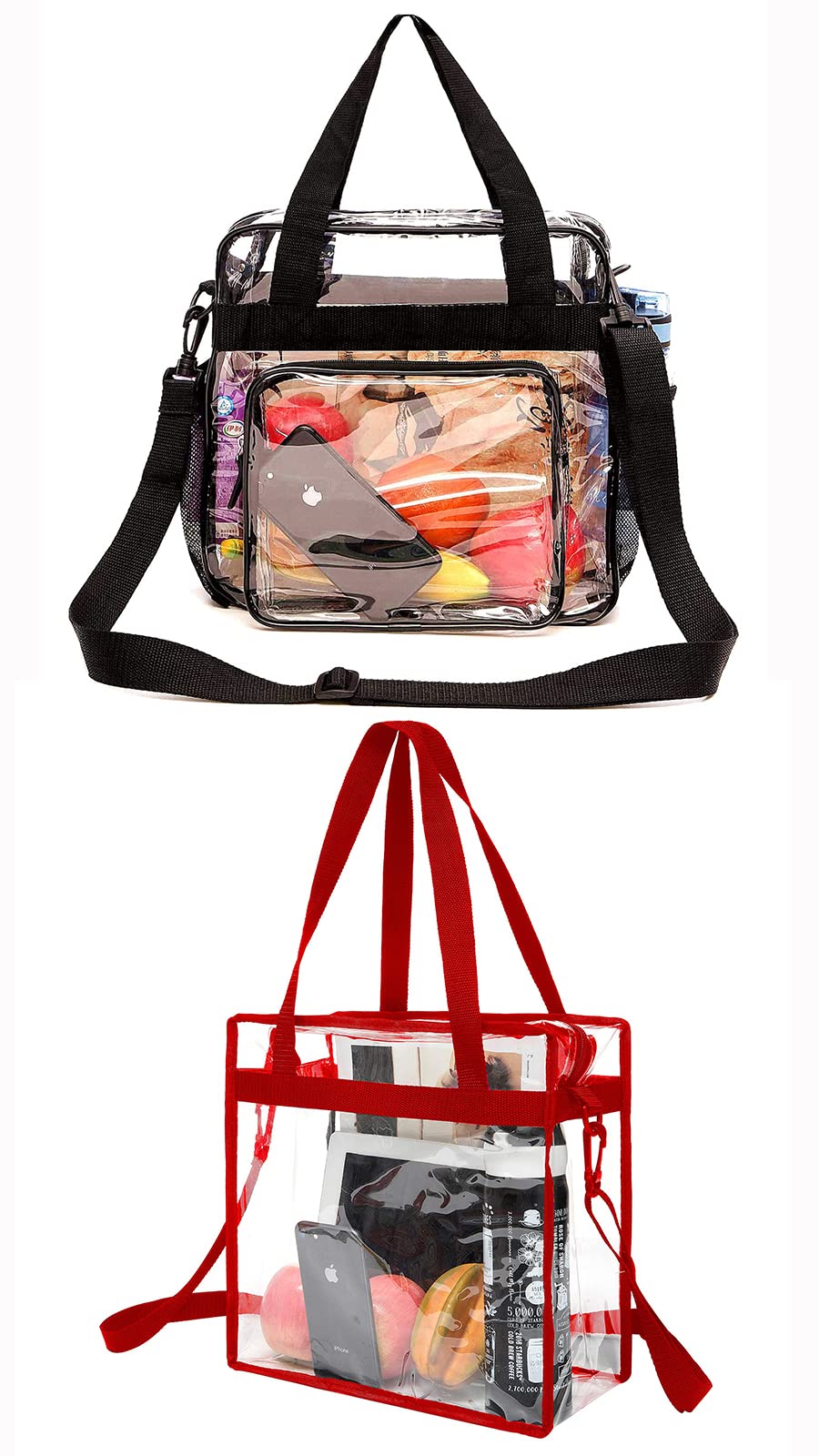 BAGAIL 2 Pack Clear Stadium Approved Tote Bags with Adjustable Shoulder Strap & Secure Zipper Closure - Black & Red - Perfect for Concerts, Sports Events & Travel Security Checks