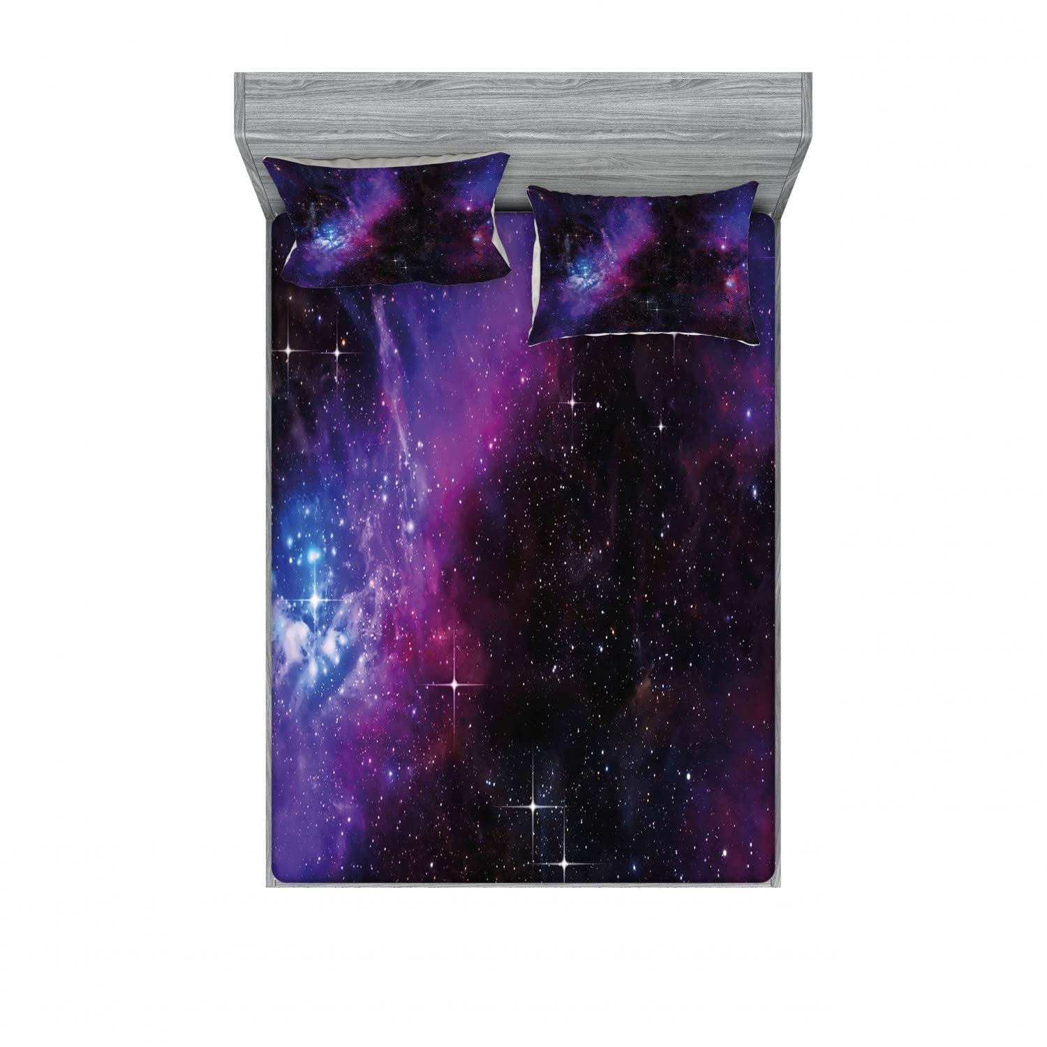 Ambesonne 2-Piece King Size Fitted Sheet Set with 4 Pillow Shams - Dark Galaxy Nebula Star Print Bedding Collection in Magenta Blue | Space Themed Bedroom Decor for Adults & Teens