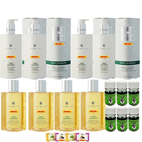 BATH & BLOOM Thai Jasmine Body Lotion 8.45 fl oz & Massage Oil 5.74 fl oz (4-Pack Set) - Hydrating Skincare Gift Set with Floral Aroma for Spa, Relaxation & Moisturizing - Free Tomato Facial Mask Included