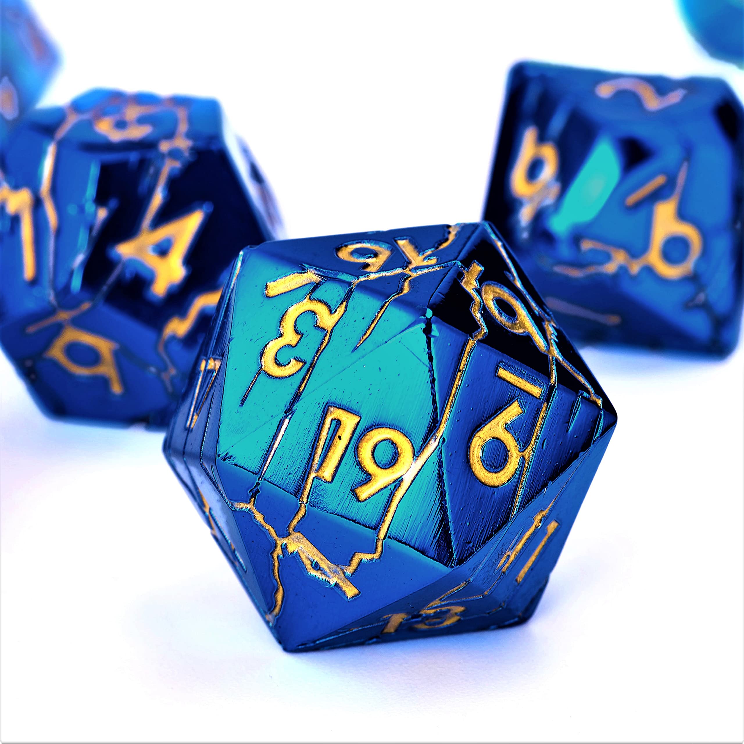 DND Metal Dice Set - Cracked Lightning Blue & Gold RPG Dice for Dungeons & Dragons - Premium Polyhedral D&D Dice with Unique Cracked Design - Perfect for Tabletop Gaming, RPG Campaigns & Collectors