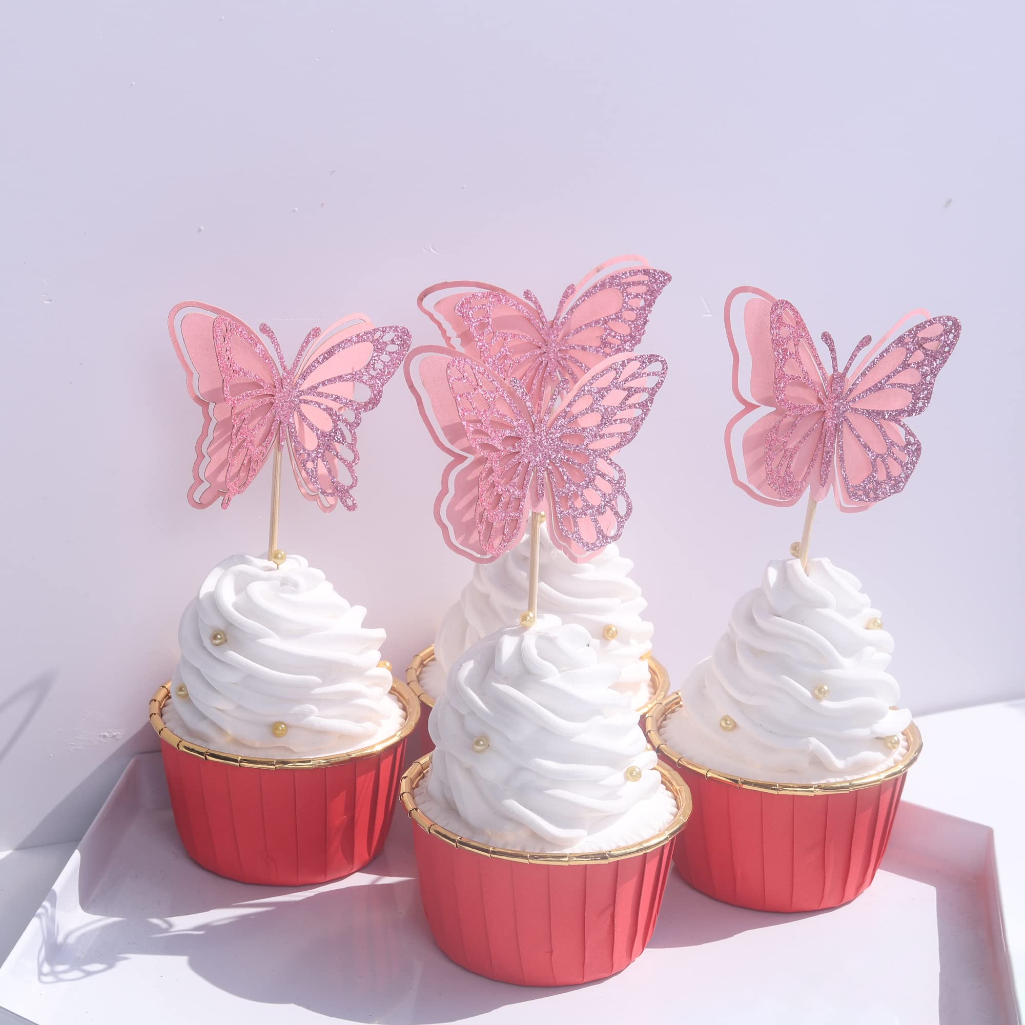 24 PCS Glitter Butterfly Cupcake Toppers - 3D Hollow Butterfly Decorations for Baby Showers, Weddings, Anniversaries & Kids Birthday Parties - Pink Cake Decor Supplies (Perfect for Themed Celebrations & Dessert Displays)
