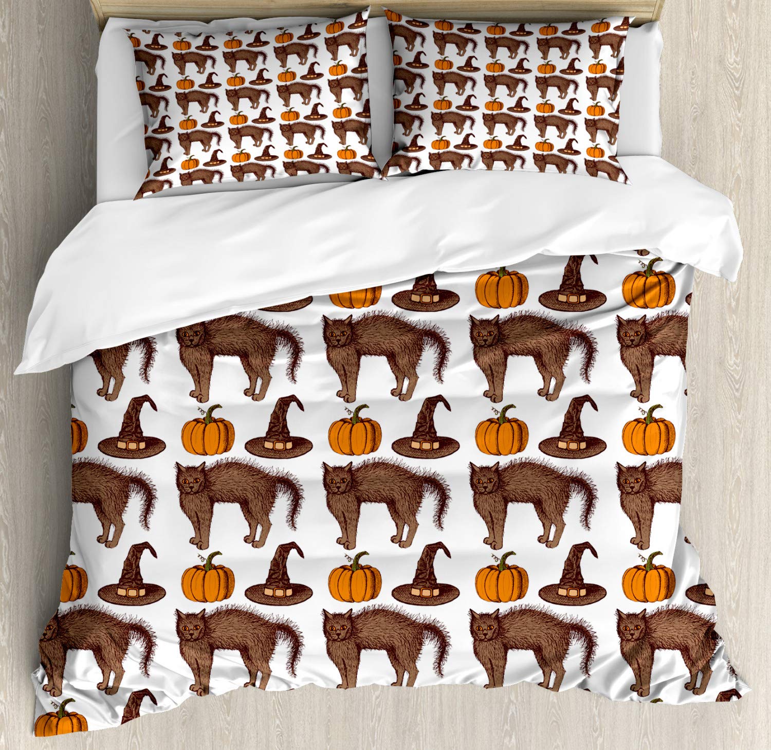Ambesonne Halloween Duvet Cover Set - Vintage Pumpkin, Witch Hat & Cat Print 3-Piece Bedding Set with 2 Pillow Shams, California King Size in Brown Orange Green | Spooky Seasonal Decor for Bedroom, Dorm & Halloween Party Decorations