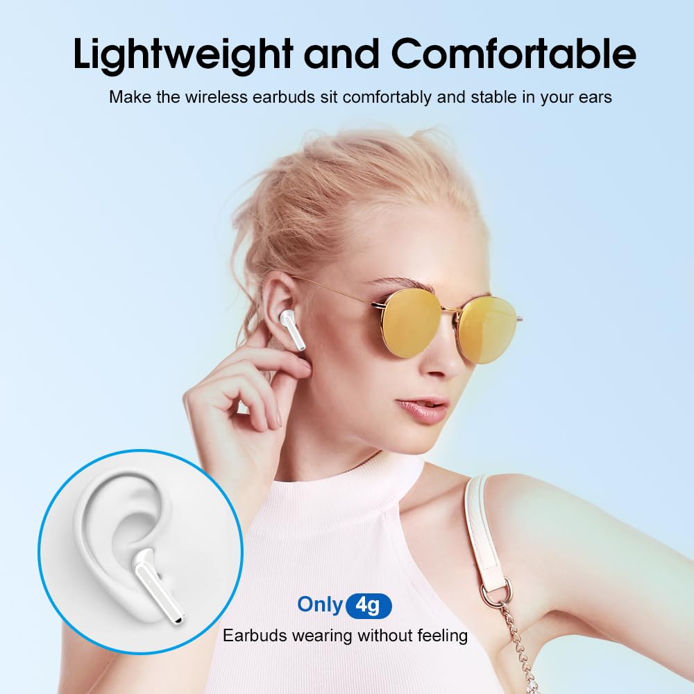 OYIB Wireless Earbuds Bluetooth 5.3 - HiFi Stereo Sound, ENC Noise Cancelling Mic, Touch Control, Type-C Charging, in-Ear Headphones (White/Blue) for Gym, Running, Workouts & Commuting