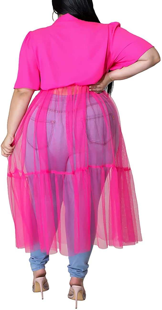 Sunlips Women's Sexy Plus Size Lapel Shirt Dress - Mesh See Through Puff Short Sleeve Flowy Swing Dress for Clubwear, Night Out & Party | Size XL-5XL