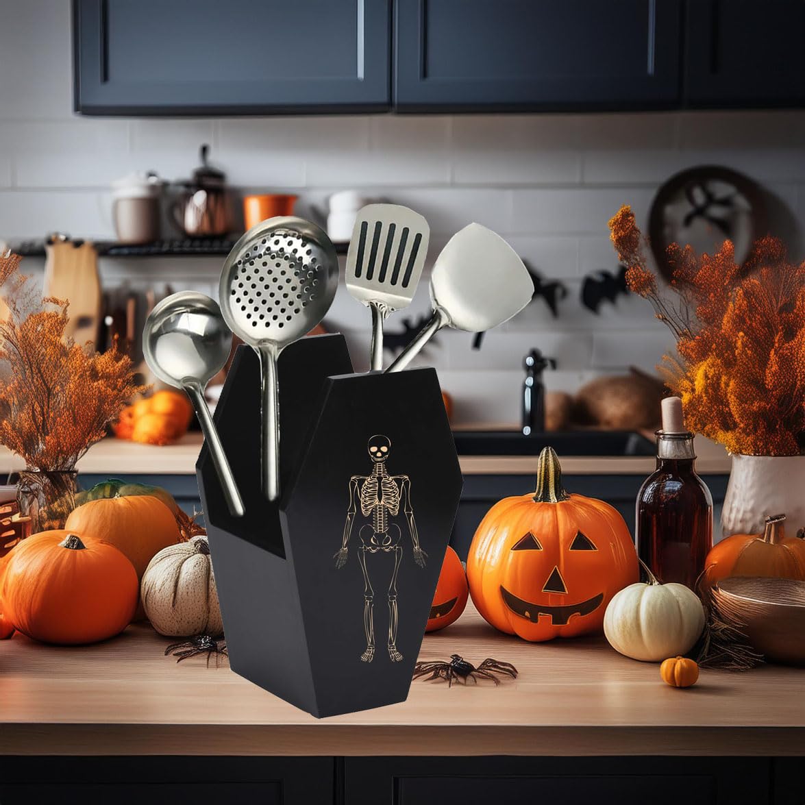 Large Capacity Skeleton Coffin Utensil Holder - Spooky Halloween Kitchen Decor for Goth, Bats, Skull & Spatulas - Durable Gothic Kitchenware Accessory with Deep Storage - Perfect for Halloween Parties, Haunted House Decor & Gothic Home Kitchen Organization