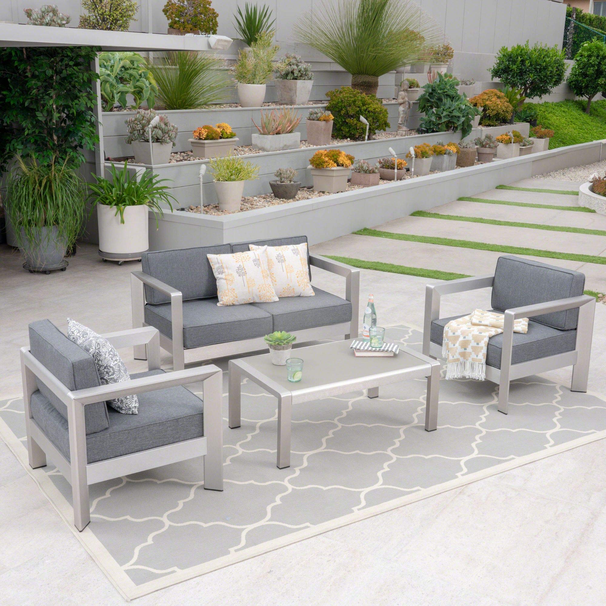 4-Piece Gray and Silver Modern Outdoor Conversation Set with Cushions, 55.25