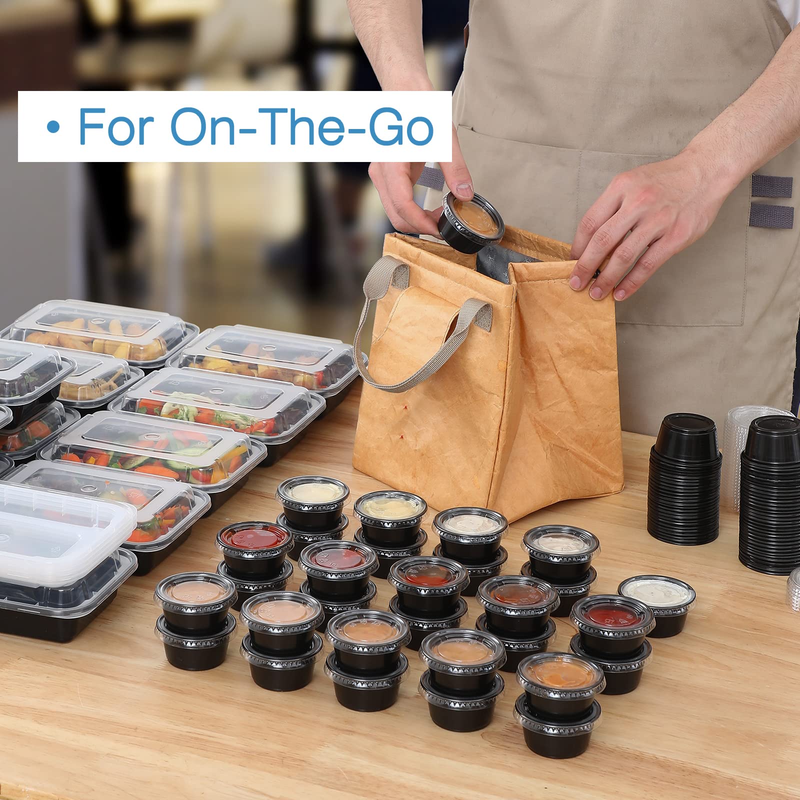 130 Sets - 2 Oz Black Plastic Portion Cups with Lids | Airtight Small Containers for Jello Shots, Salad Dressings, Dipping Sauces & Condiments | Perfect for Parties, Lunches, Picnics & Travel | BPA-Free & Leakproof Food Storage Solution