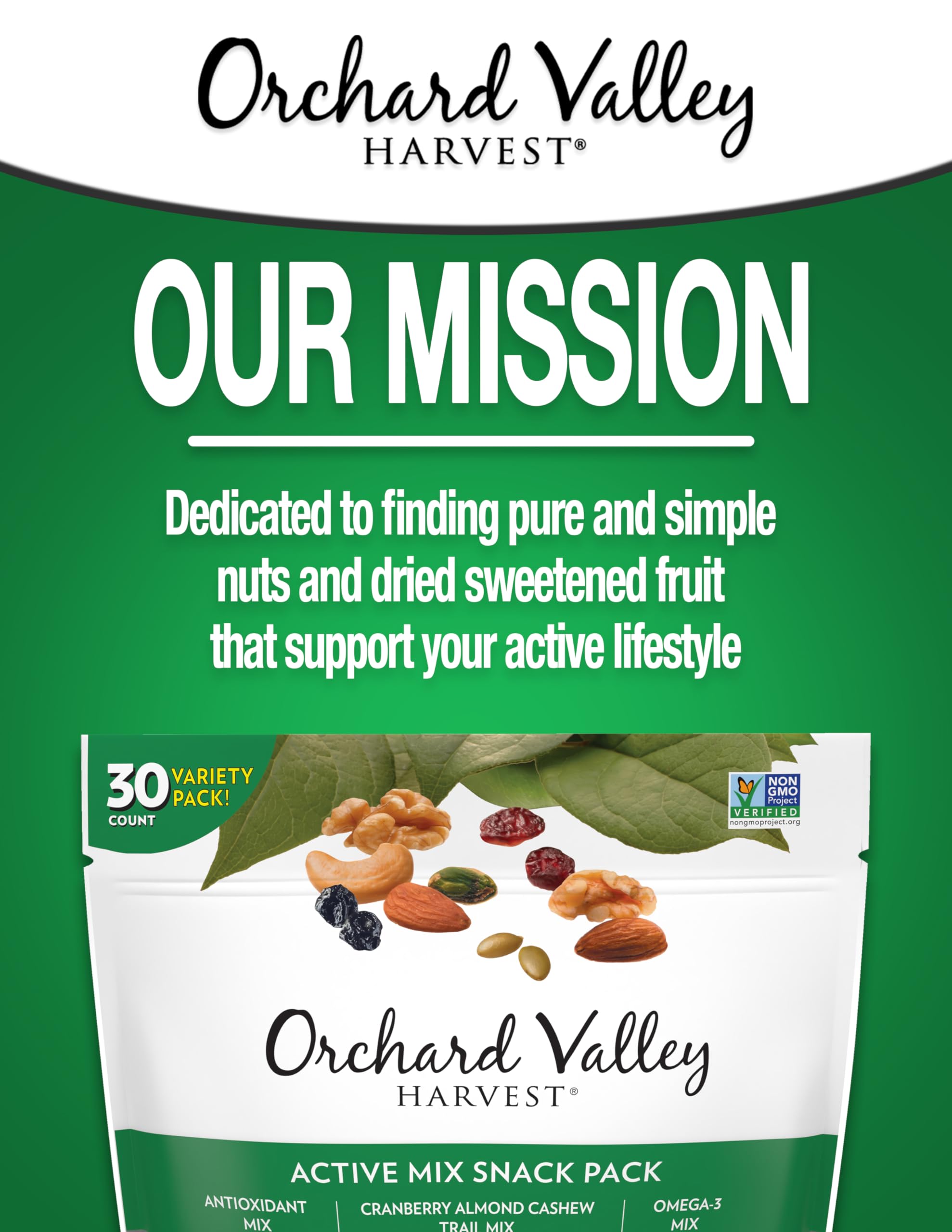 Orchard Valley Harvest Active Snack Pack Mix - 30 Count Variety Pack (1oz Bags) | Antioxidant Rich Trail Mix with Cranberries, Almonds & Cashews | High in Omega-3 | Gluten Free Healthy Snacks for Adults & Kids | Perfect for Hiking, Office Snacks & School Lunches