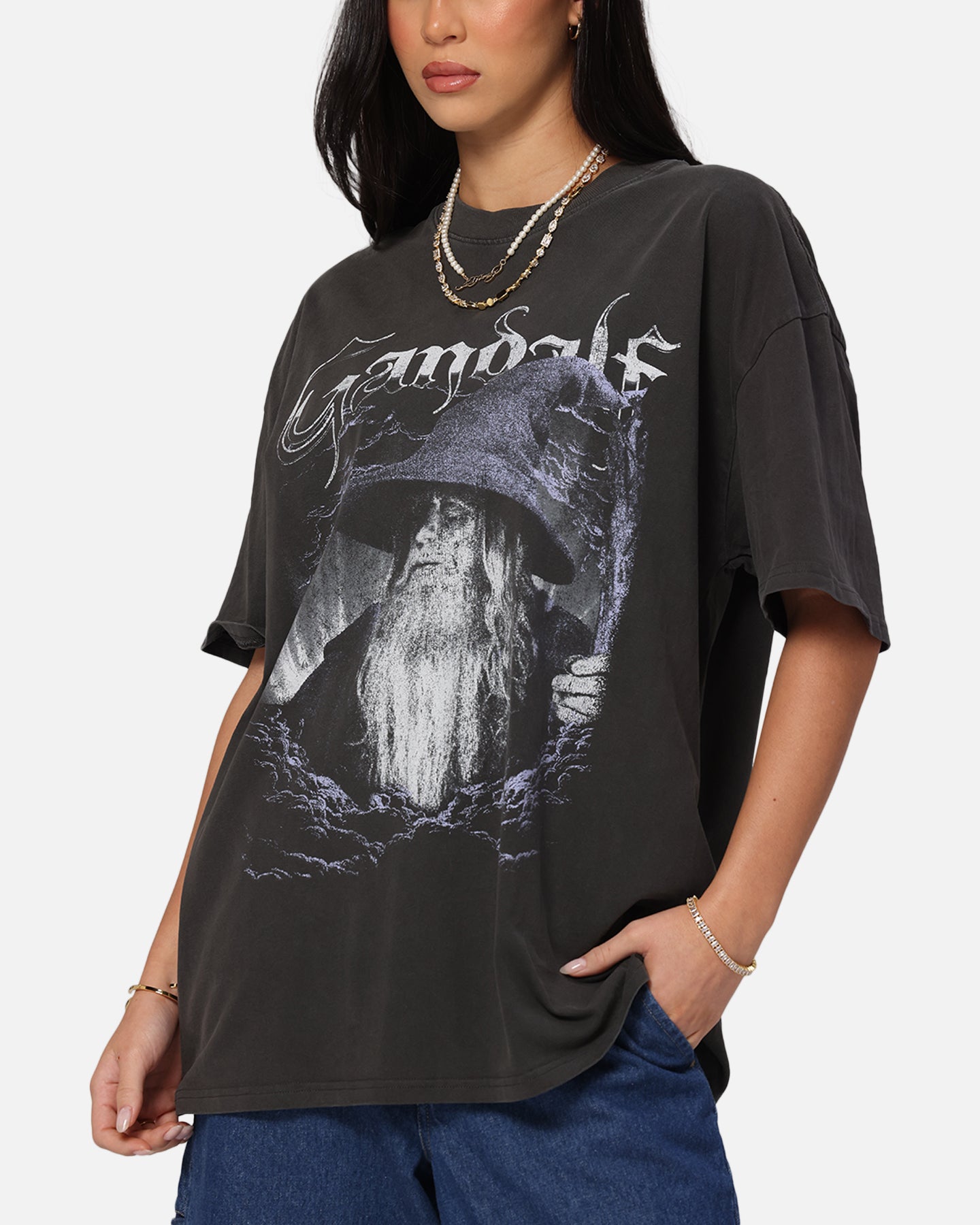 American Thrift The Lord of the Rings Gandalf Graphic Vintage Washed Black Cotton T-Shirt - Perfect for Cosplay, Movie Nights & Fantasy Fans