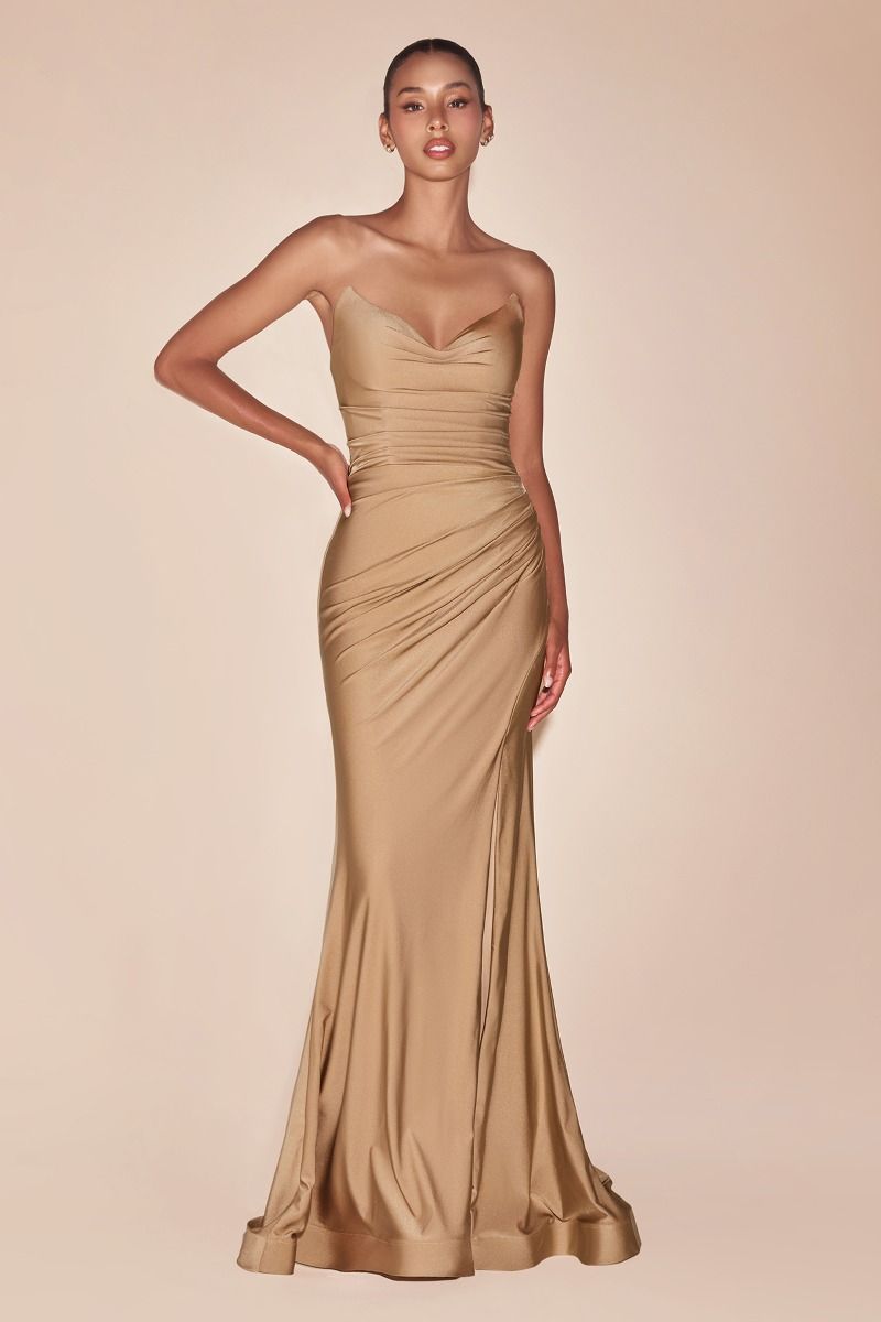 Strapless Stretch Spandex Satin Fitted Gown - Pointed V Neckline Ava Dress in Nude Gold | Perfect for Evening Galas, Prom Nights & Formal Events