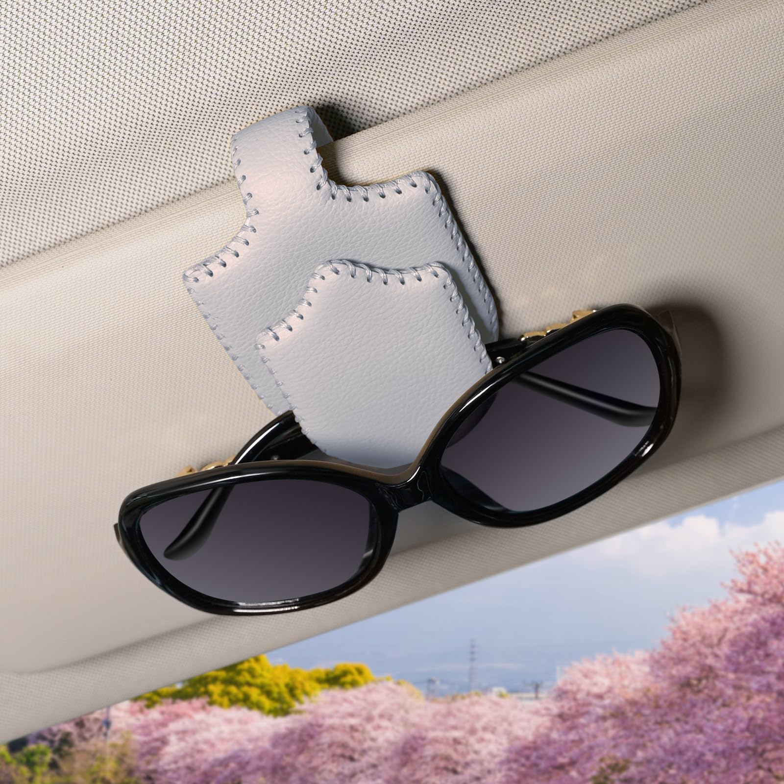 Premium Leather Car Sunglass Holder & Visor Clip - Universal Magnetic Eyeglass Organizer with Ticket Card Slot (Gray) | Perfect for Road Trips & Daily Commutes