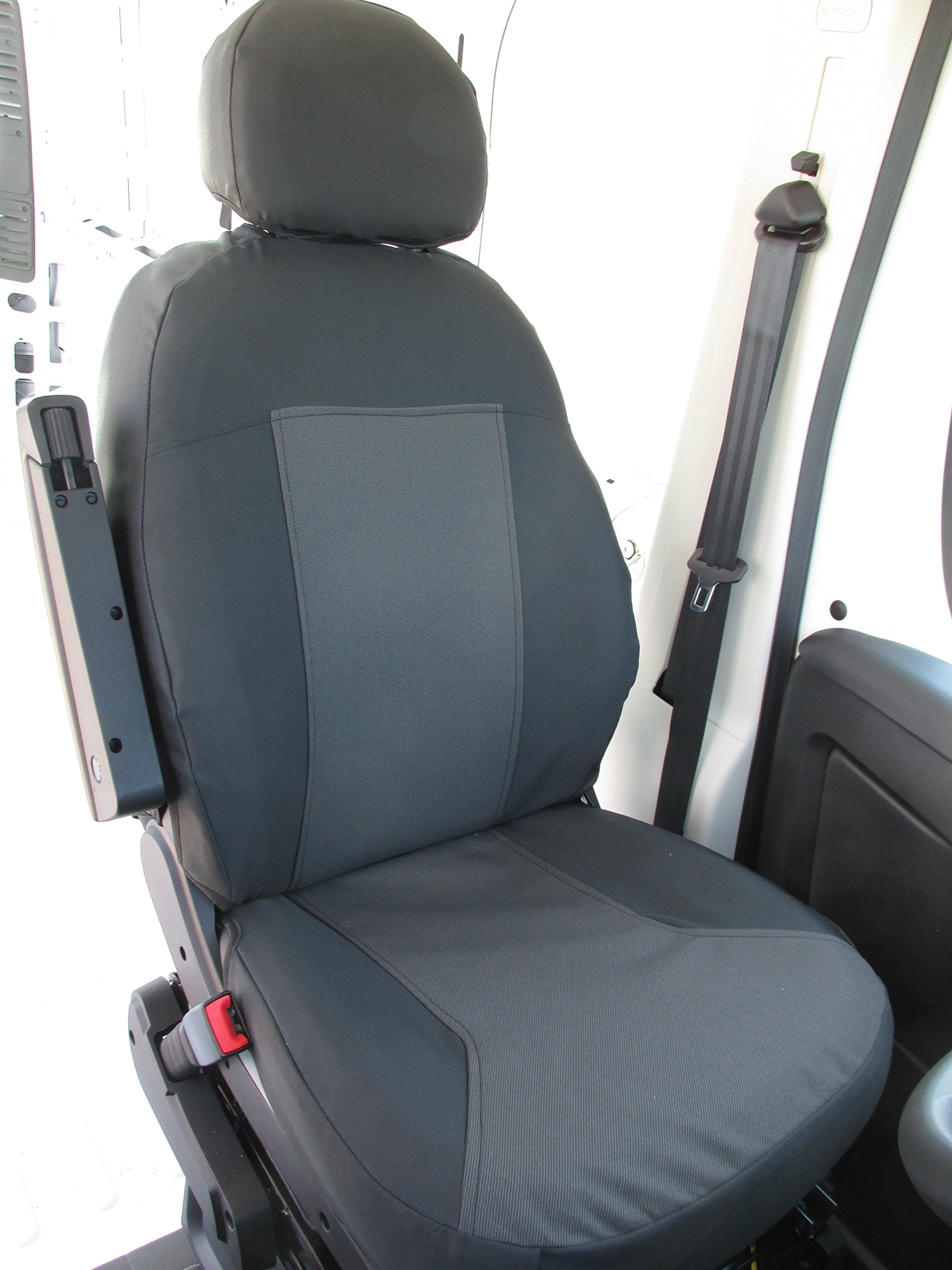 Durafit Seat Covers for 2013-2024 Promaster Van - Exact Fit Front Bucket Seat Covers in Black/Gray (Driver Side Armrest) | Premium Protection for Work Vans & Campers