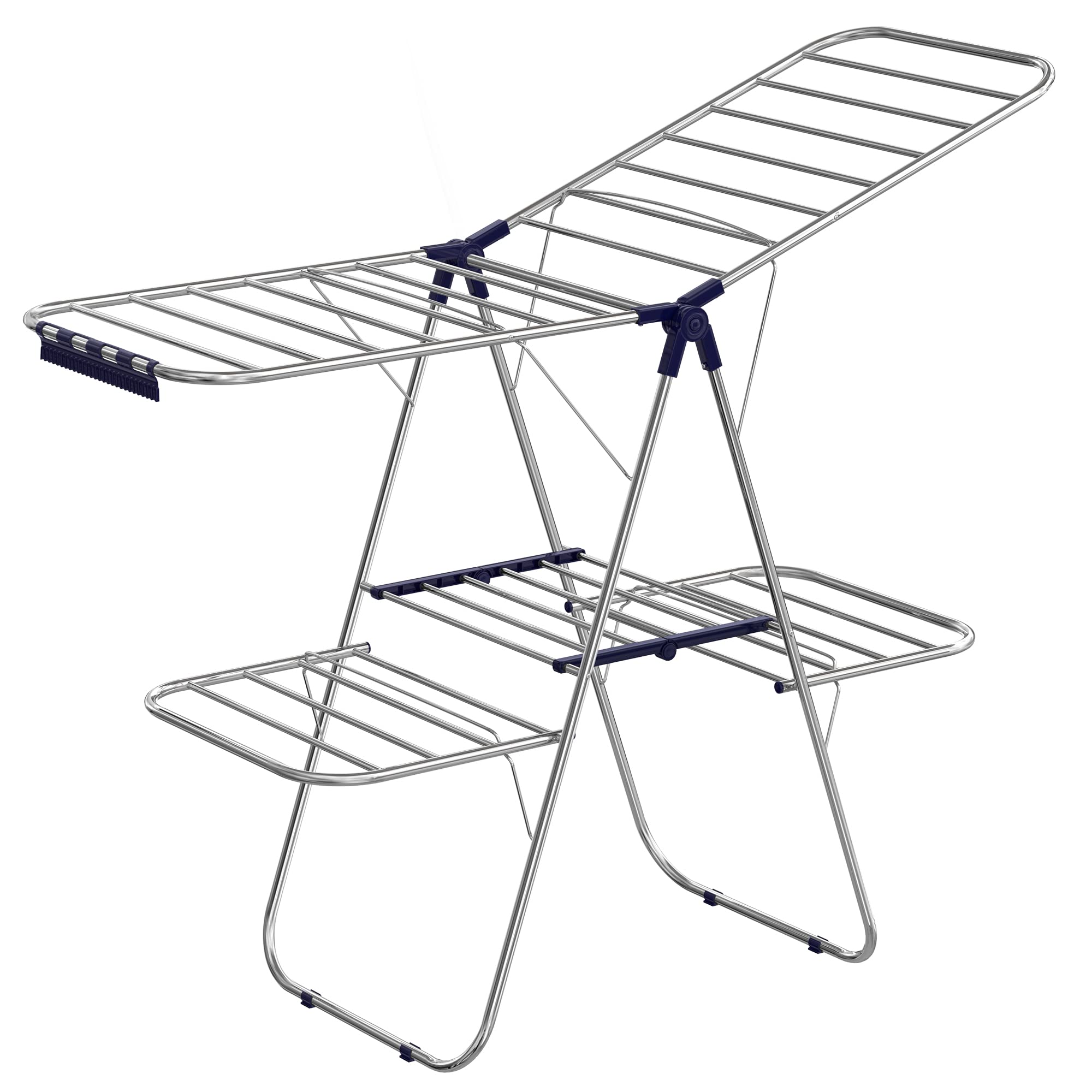 SONGMICS Foldable 2-Tier Clothes Drying Rack - Free Standing Large Laundry Rack with 33 Drying Rails, Adjustable Height & Sock Clips - Space Saving for Small Apartments, Balcony & Indoor Drying (Silver & Blue, ULLR53BU)