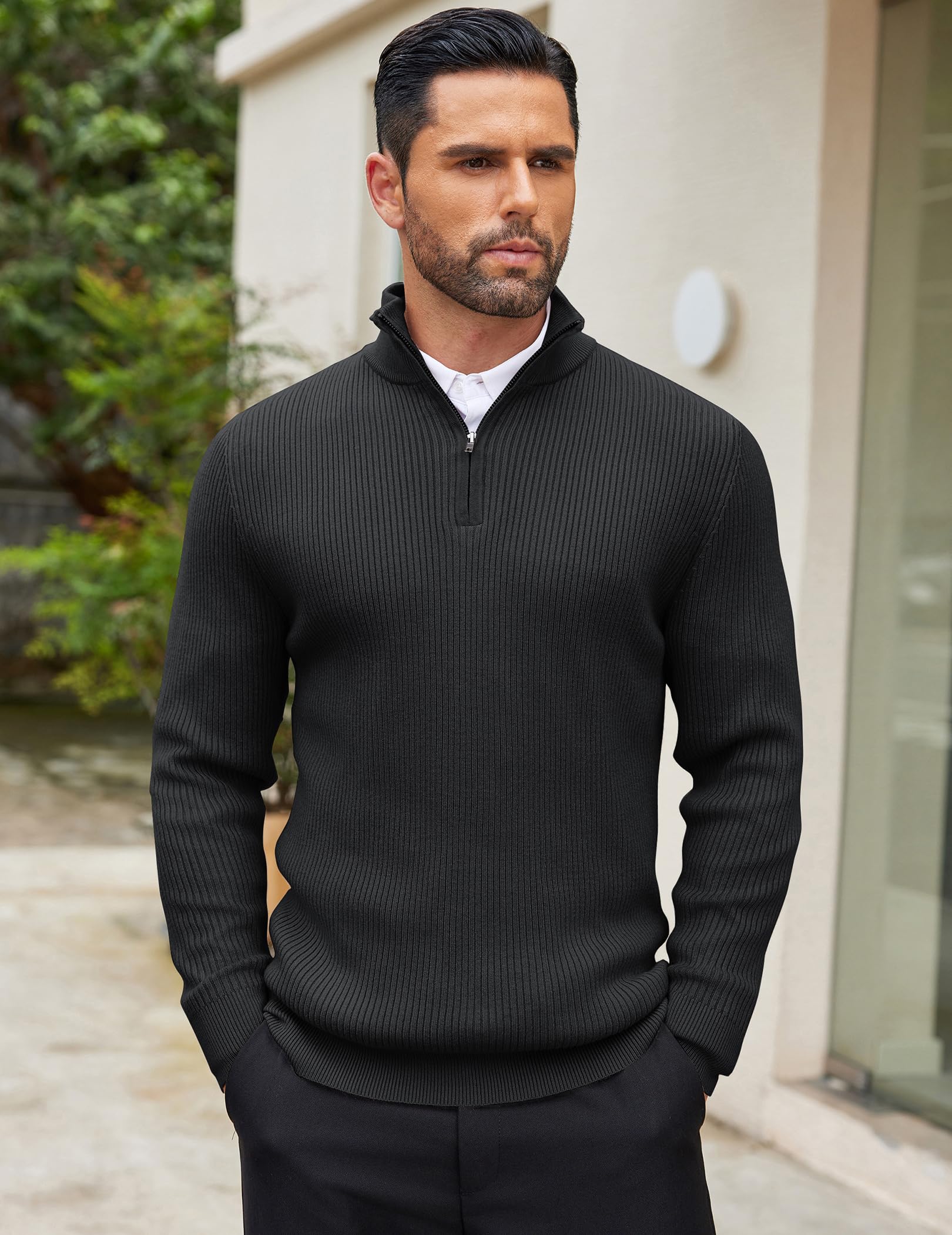 COOFANDY Men's Slim Fit Quarter Zip Mock Neck Pullover Sweater - Lightweight Knitted Polo Sweater for Casual Wear, Office & Outdoor Activities
