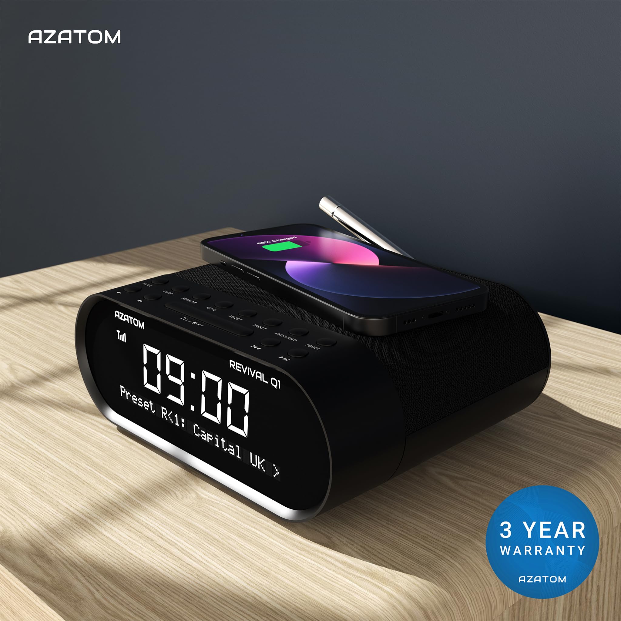 AZATOM Revival Q1 Black DAB+ Digital FM Clock Radio with Bluetooth, Wireless Charging & Dual Alarm - Bedside Alarm Clock with Sleep Timer, USB Port, AUX & Headphone Jack for Home, Office & Travel Use