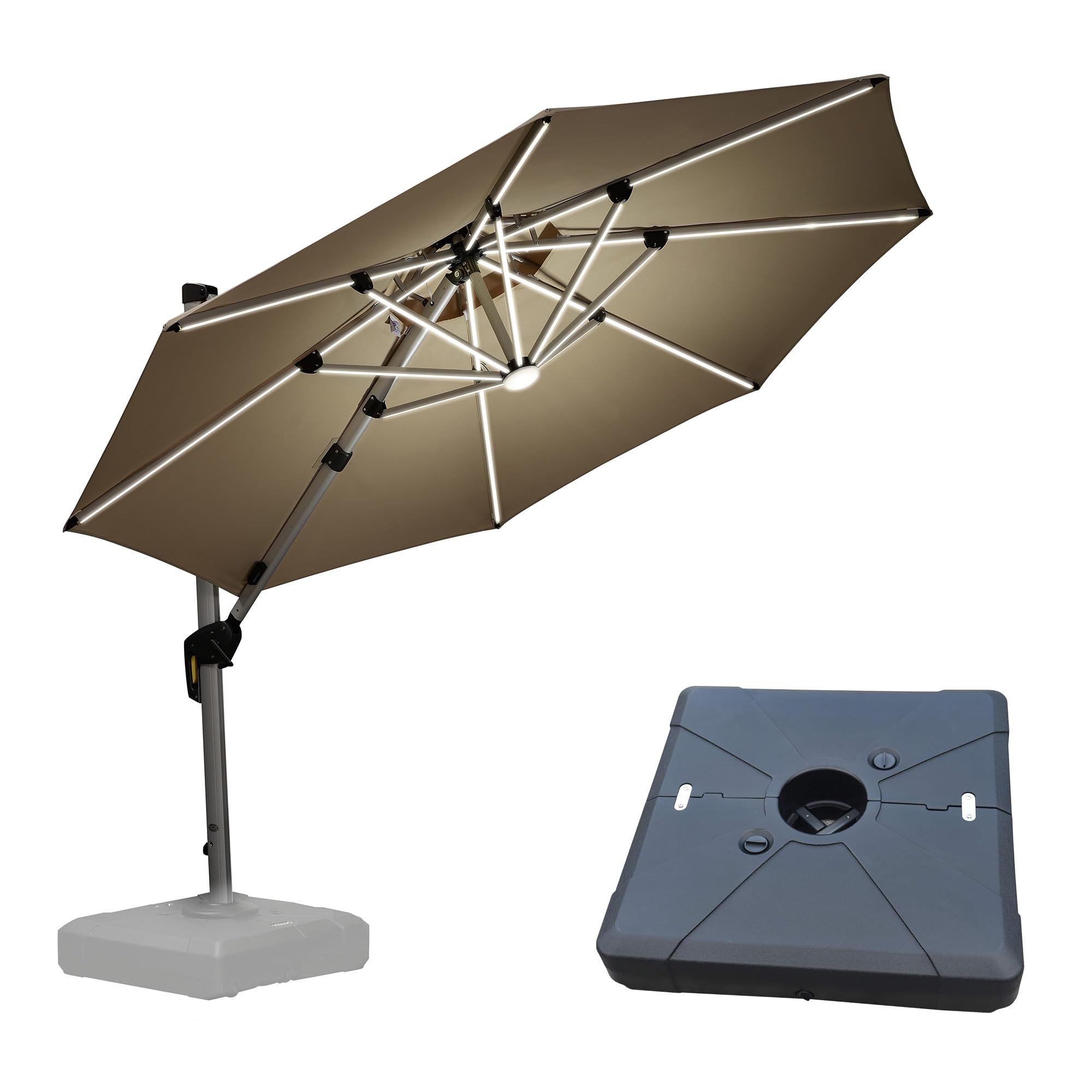 PURPLE LEAF 10ft Solar Powered LED Cantilever Patio Umbrella with Base - Windproof Outdoor Offset Umbrella with LED Lights for Garden, Deck, Pool & Patio (Beige) | Perfect for Backyard Lounging, Poolside Relaxation and Outdoor Dining