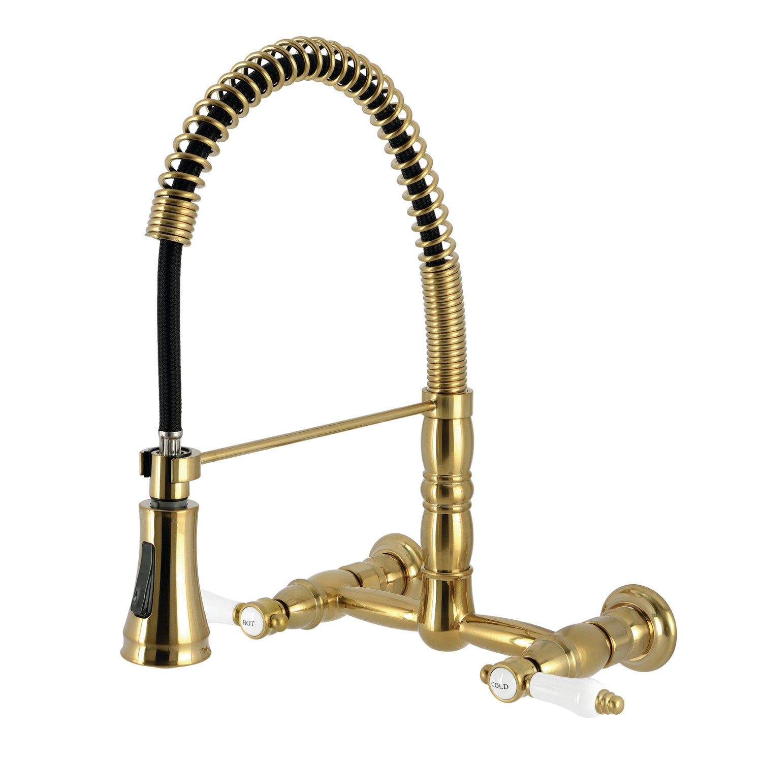 Bel Air GS1247BPL Brushed Brass Wall Mount Kitchen Faucet - Double Handle 2 Hole Pre-Rinse Bridge Faucet for Commercial & Home Kitchen Use
