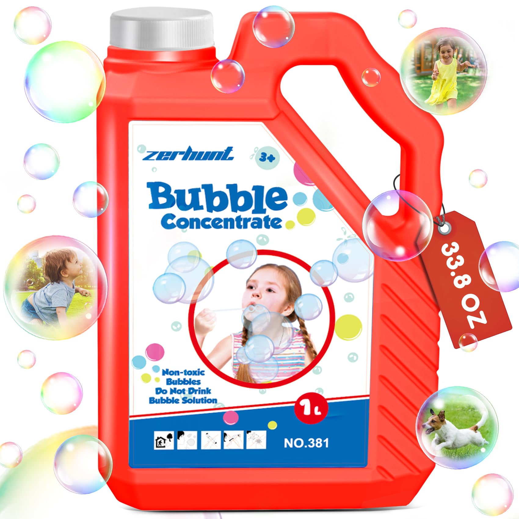 Zerhunt Concentrated Bubble Solution 33.8 OZ (1L) - Non-Toxic Bubble Refill for Bubble Toys, Bubble Machines & Bubble Guns - Safe for Kids - Red | Perfect for Outdoor Play, Birthday Parties & Backyard Fun