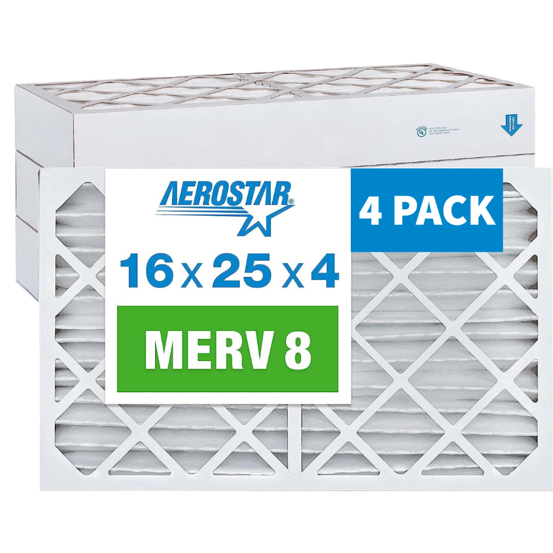 Aerostar 16x25x4 MERV 8 Pleated Air Filter for Furnace & AC - Exact Size 15.5x24.5x3.625 Inches (4-Pack) - Perfect for Home HVAC Systems & Allergies Relief