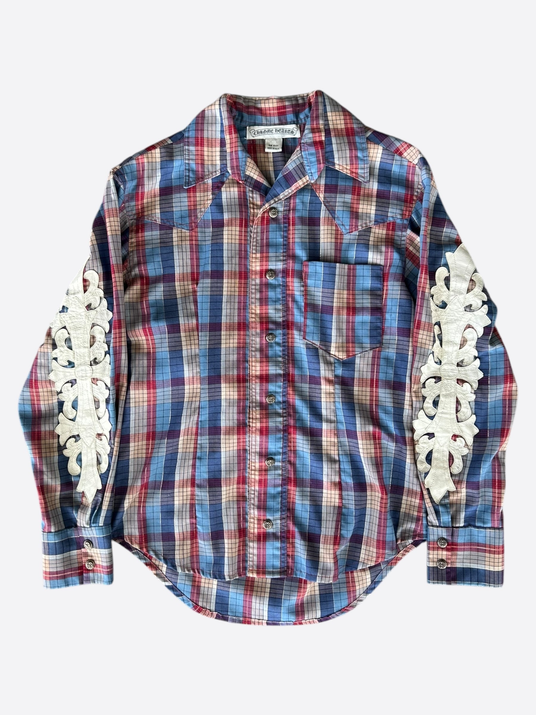 Chrome Hearts Blue & White Leather Floral Patch Flannel Shirt - Stylish Vintage Plaid Shirt for Men & Women - Perfect for Casual Outfits, Streetwear & Layering