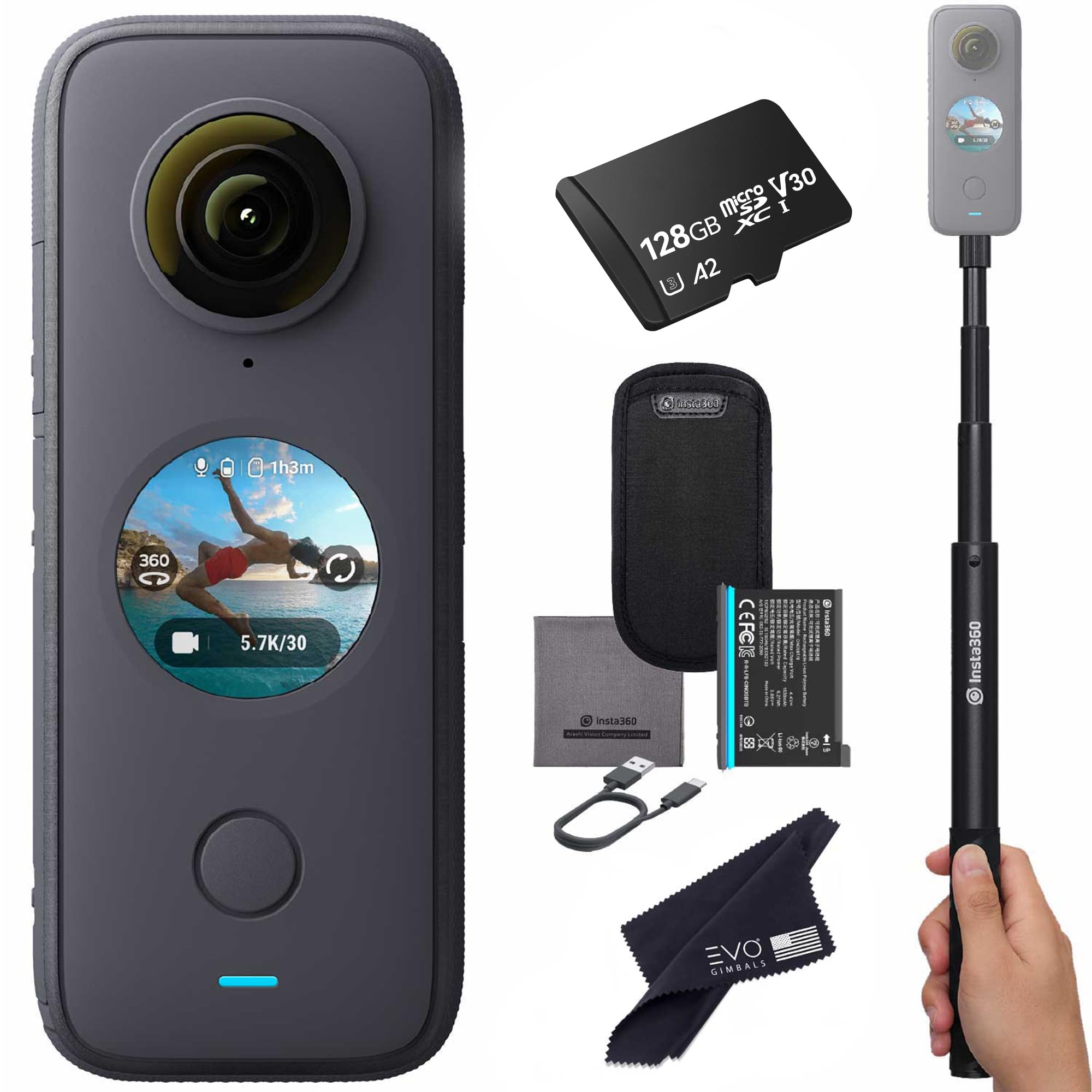Insta360 ONE X2 360° Action Camera with 5.7K Touchscreen - Waterproof 360° Video & 18MP Photos, Steady Cam Mode, InstaPano | Perfect for Vlogging, Travel Adventures & Sports Recording | Includes Selfie Stick & 128GB SD Card (3-Piece Bundle)