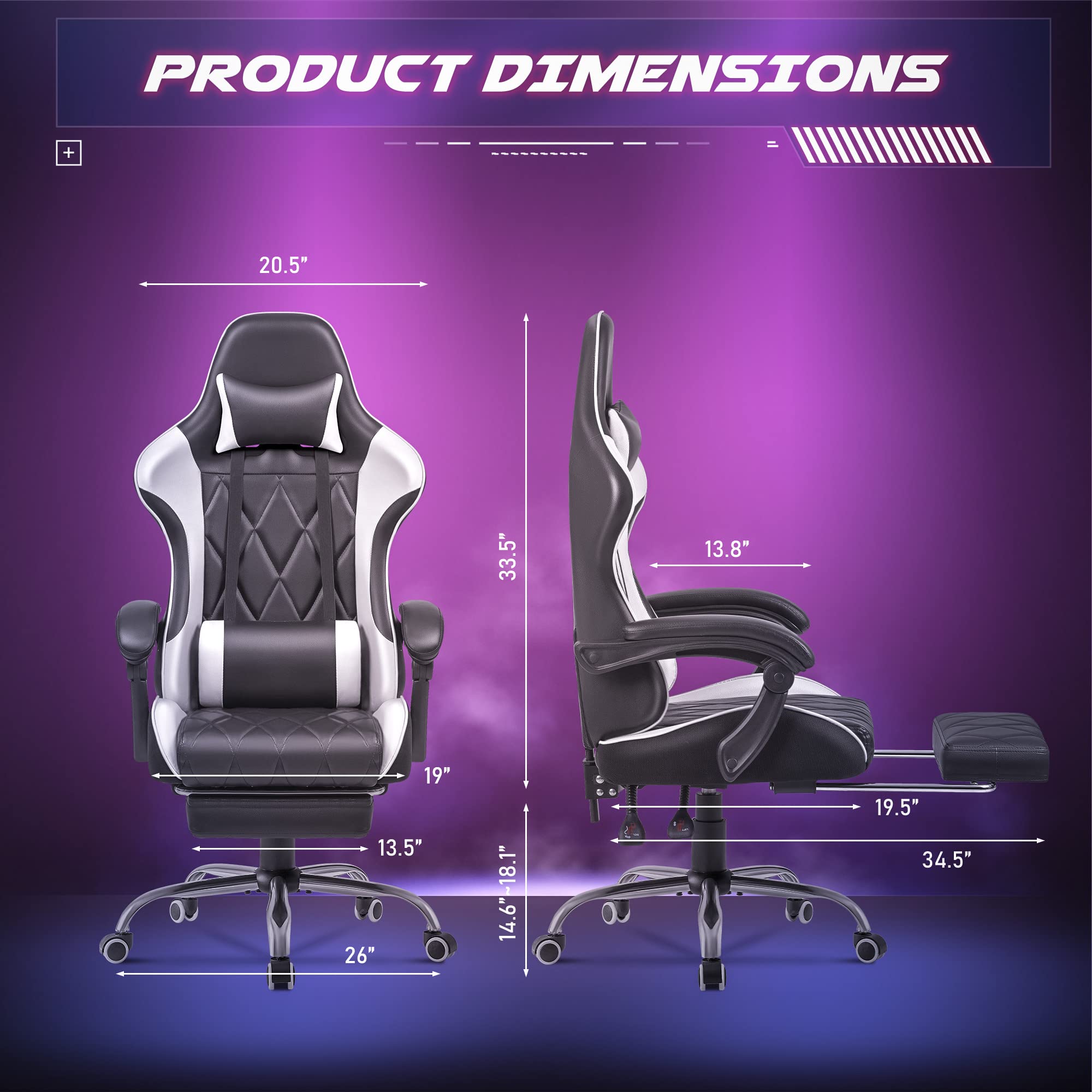 Homall Ergonomic Gaming Chair with Footrest & Lumbar Support - High Back Computer Chair with Swivel Seat & Headrest for PC Gamers - Perfect for Office, Streaming & Esports (White)