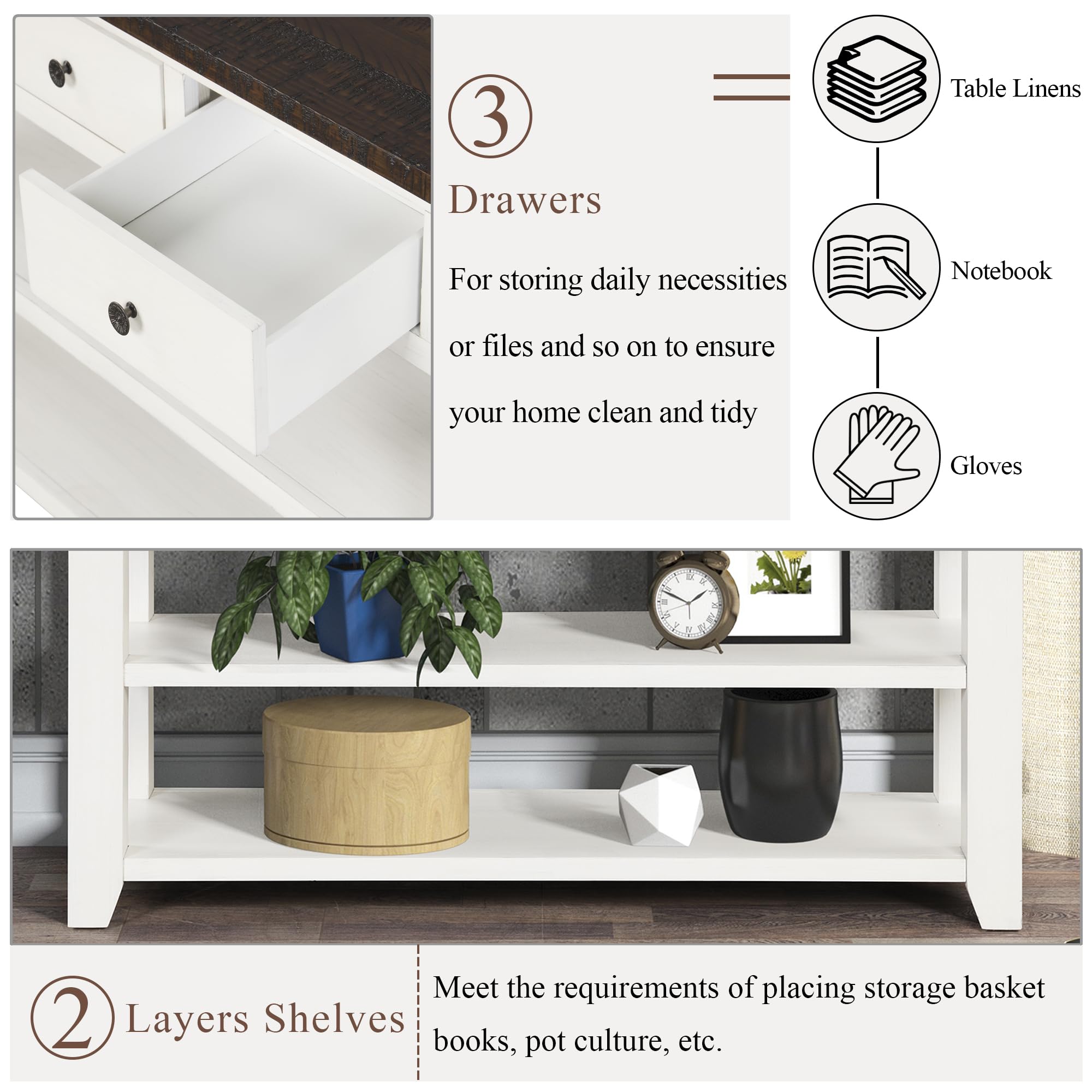 INMOZATA 48 Inch Modern Console Sofa Table with 3 Drawers & 2 Shelves - Antique White Buffet Cabinet Entryway Table for Living Room, Dining Room & Kitchen - Perfect for Hallway Decor, Sofa Back Display & Dining Room Storage