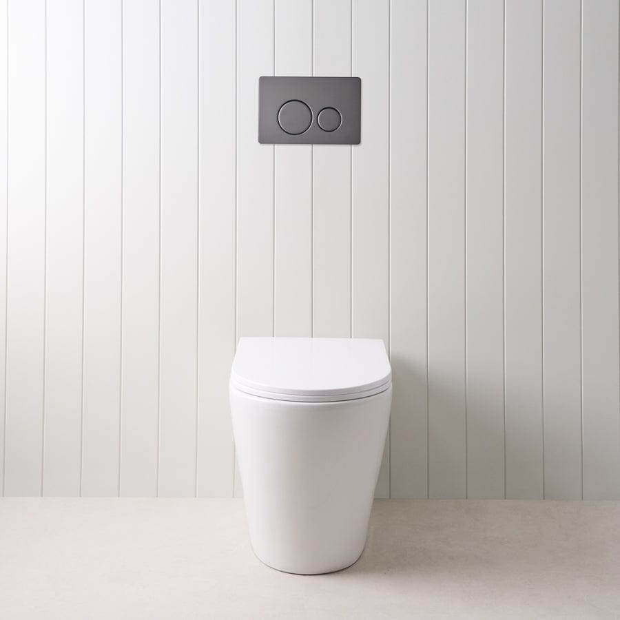 Angled In-Wall Toilet with Round Matte Black Buttons - Modern Space-Saving Bathroom Solution for Small Spaces & Contemporary Homes
