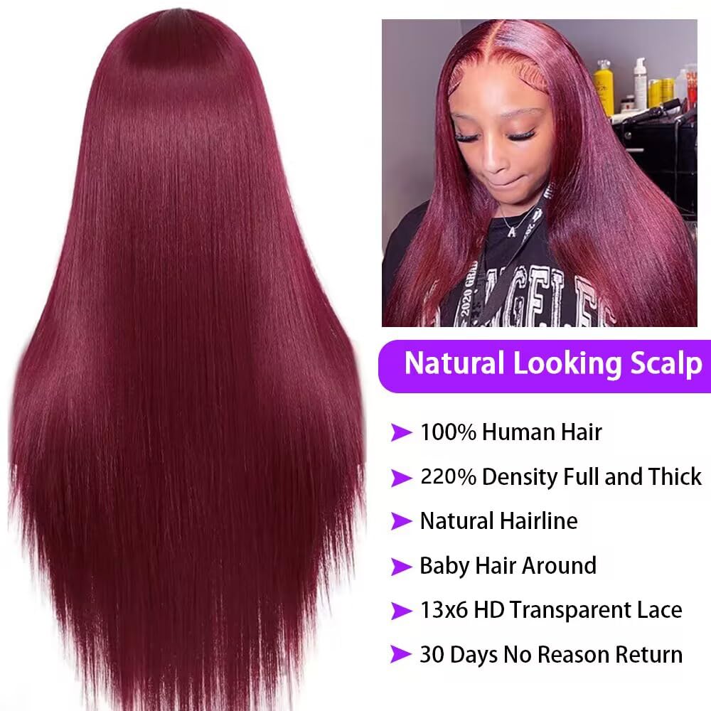 CHEETAHBEAUTY 99j Burgundy 28Inch Lace Front Wig - 13x6 Brazilian Virgin Straight Human Hair Wig for Women (220% Density, Pre-Plucked with Baby Hair) | Perfect for Cosplay, Daily Wear & Special Occasions