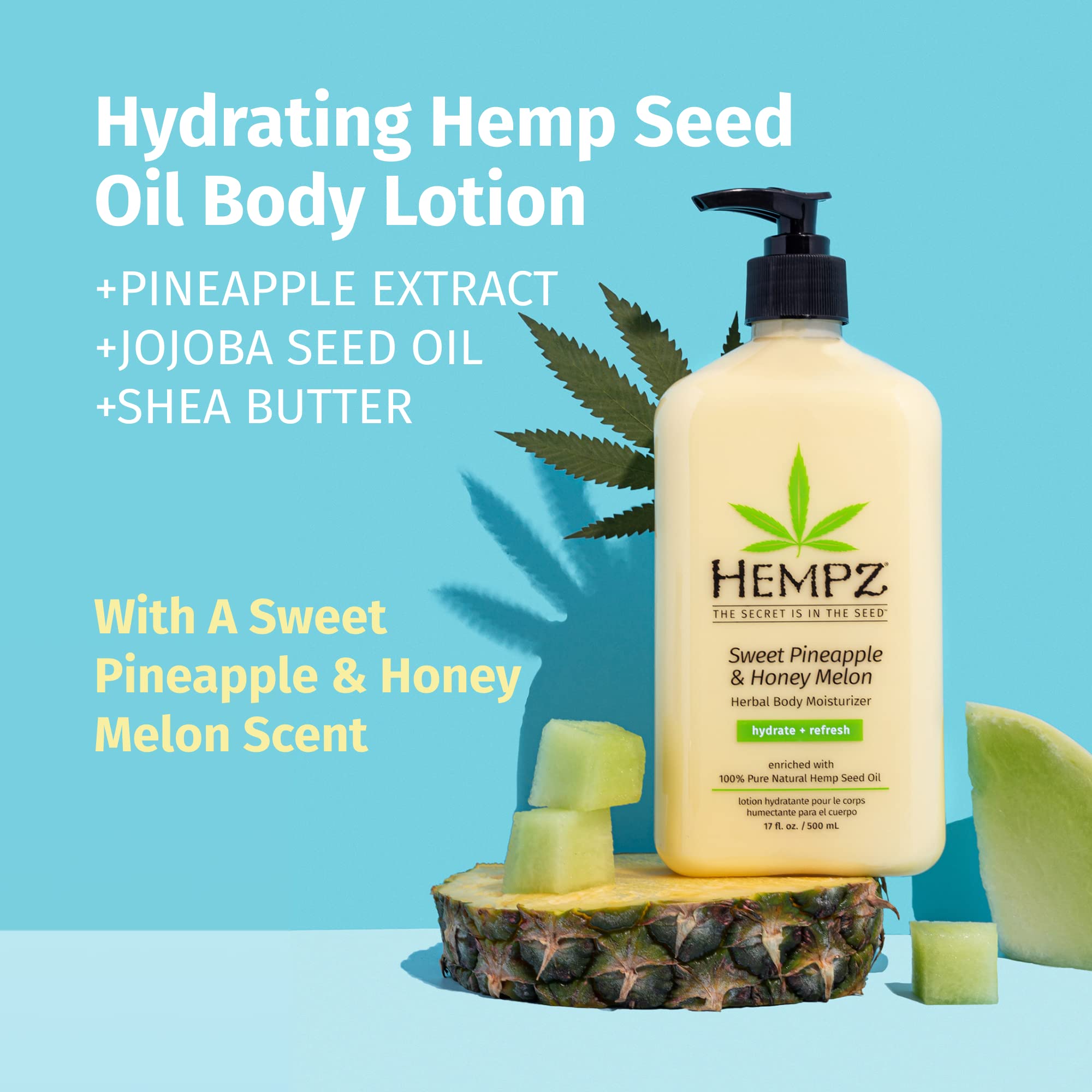 Hempz Sweet Pineapple & Honey Melon Body Lotion - 17oz Daily Moisturizing Cream with Natural Hemp Seed Oil, Shea Butter & Ginseng - Hydrating Dry Skin for Summer & Travel Use