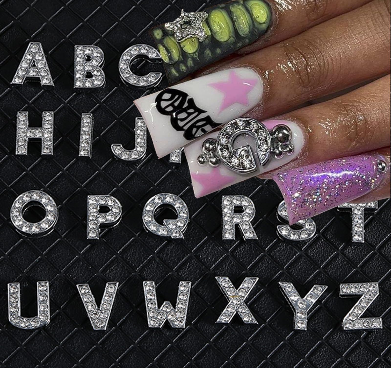 26Pcs Silver Alphabet Nail Charms - 3D Shiny Letter Nail Gems with Glitter Crystals & Rhinestones for Acrylic Nail Art | DIY Nail Decorations for Women | Perfect for Manicures, Nail Salons & Party Nail Designs