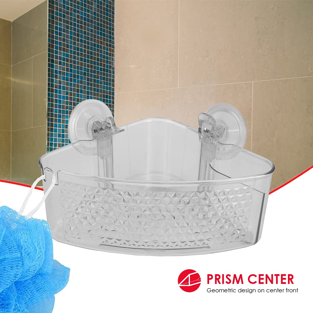 Large Clear Plastic Corner Shower Caddy with Suction Cups - Home Basics Cubic Pattern Bathroom Organizer (2-Pack) | Perfect for Small Showers & Apartment Bathrooms