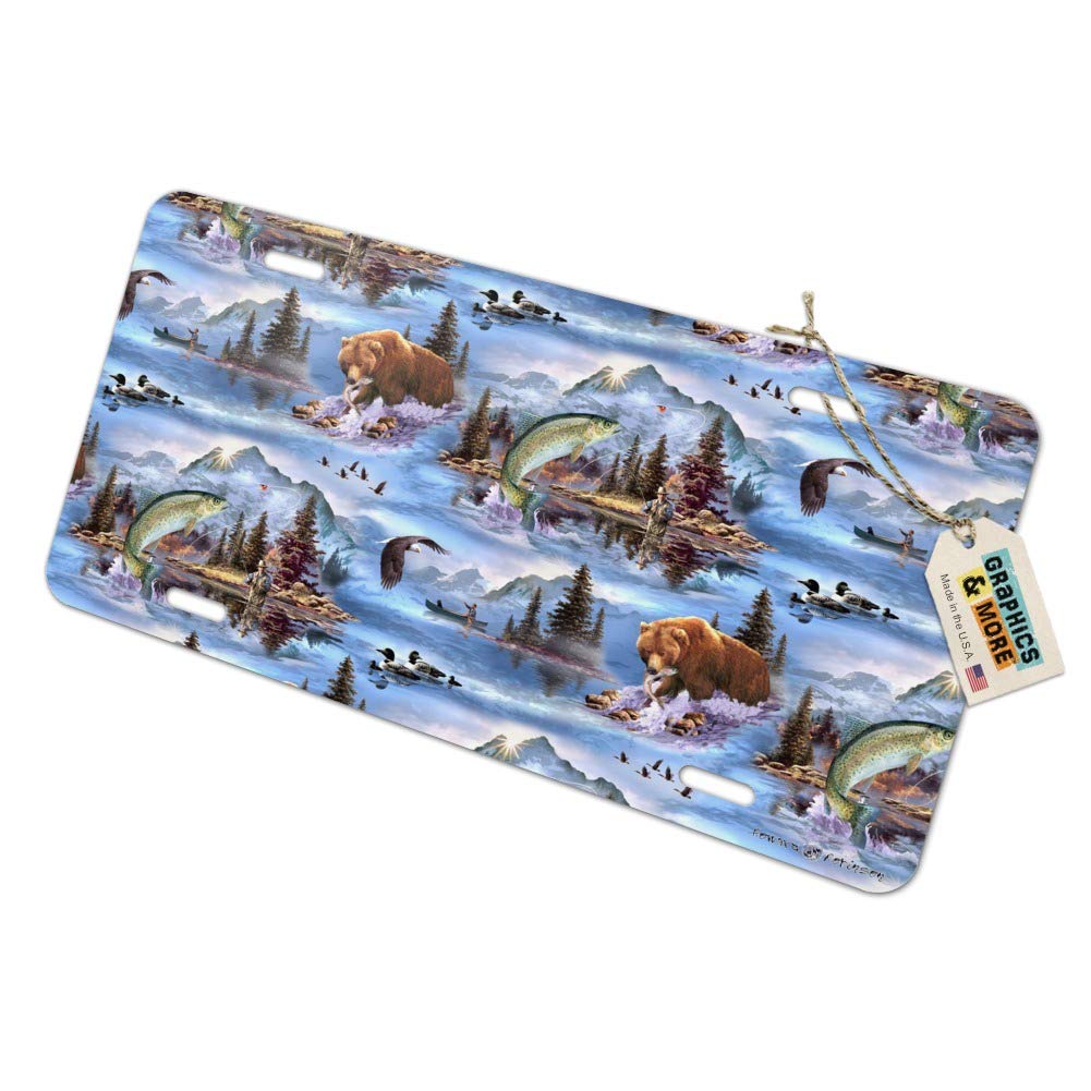 Custom Mountain Fly Fishing Bear Stream Lake Fish Novelty Metal Vanity License Plate - Perfect for Trucks, Cars, Boats & Outdoor Enthusiasts