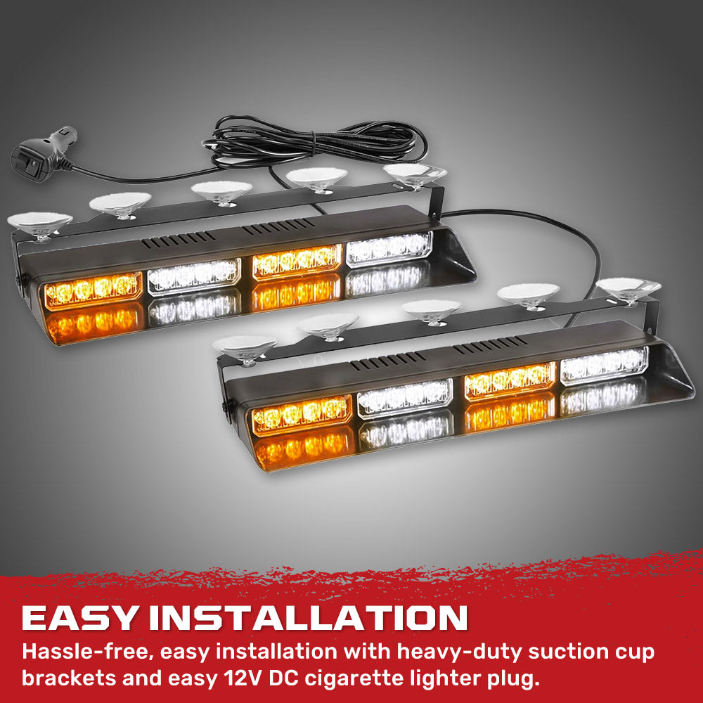 14 LED Strobe Light Bars for Car Interior Front Window - 2 PC Suction Cup Mount, Plug & Play with A/C Adapter - 26 Light Functions & Multiple Colors - Perfect for Emergency Vehicles, Parties, and Night Driving