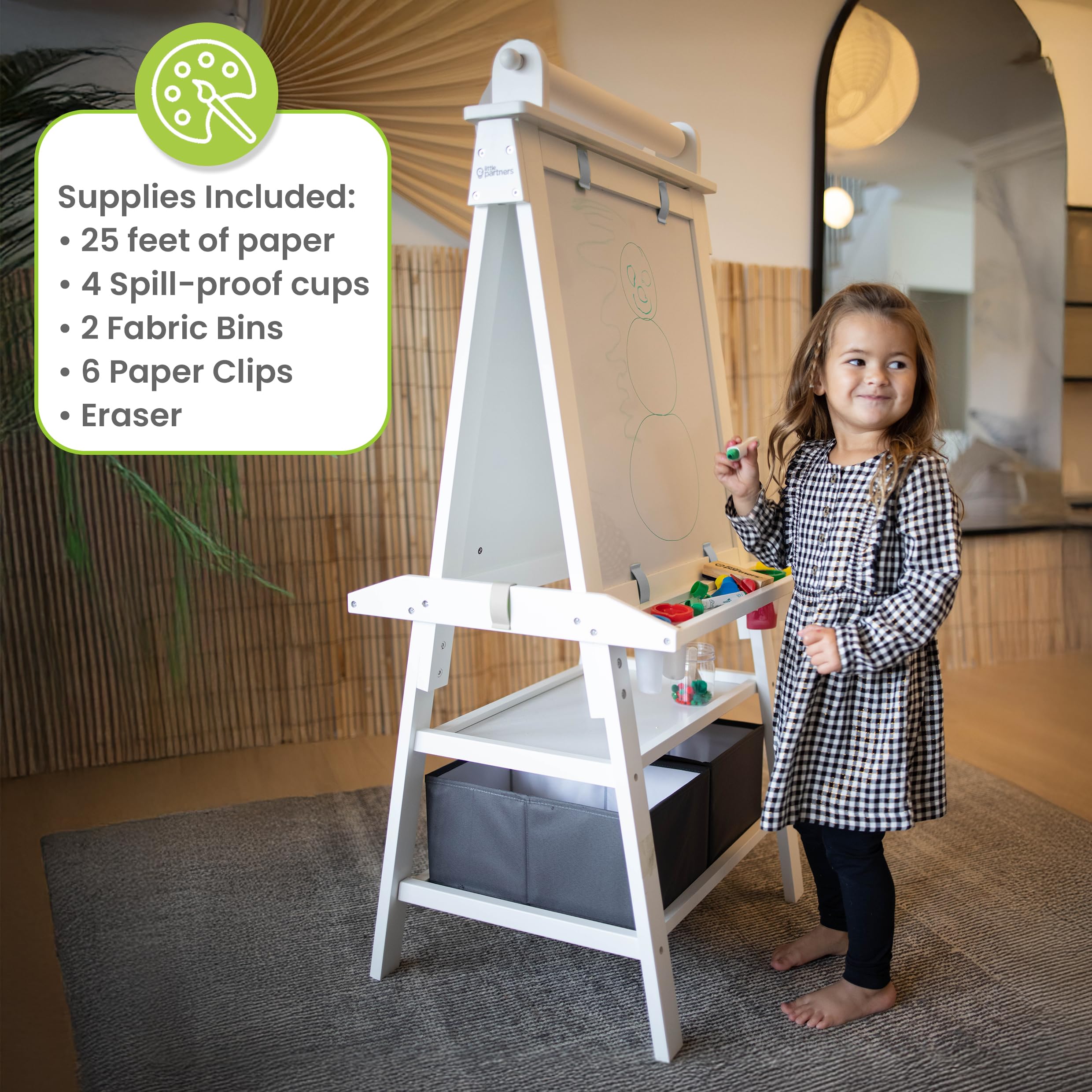 Little Partners Deluxe Learn 'N Play Toddler Easel - 2-Sided Kids Art Center with Chalkboard & Magnetic Whiteboard, Paper Roll, Storage Bins & Paint Cups (Soft White) | Perfect for Home, Preschool & Creative Play