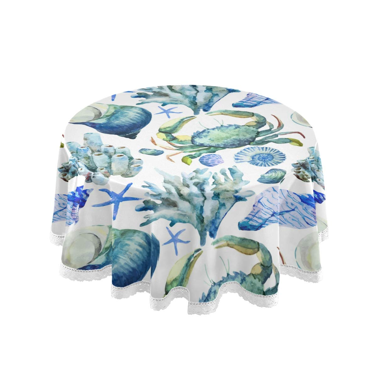 60 Inch Round Tablecloth - Coral Shell Crab Design Polyester Circular Table Cover for Dinner, Holiday, Banquet, Wedding & Birthday Parties | Waterproof & Wrinkle-Resistant for Indoor & Outdoor Use