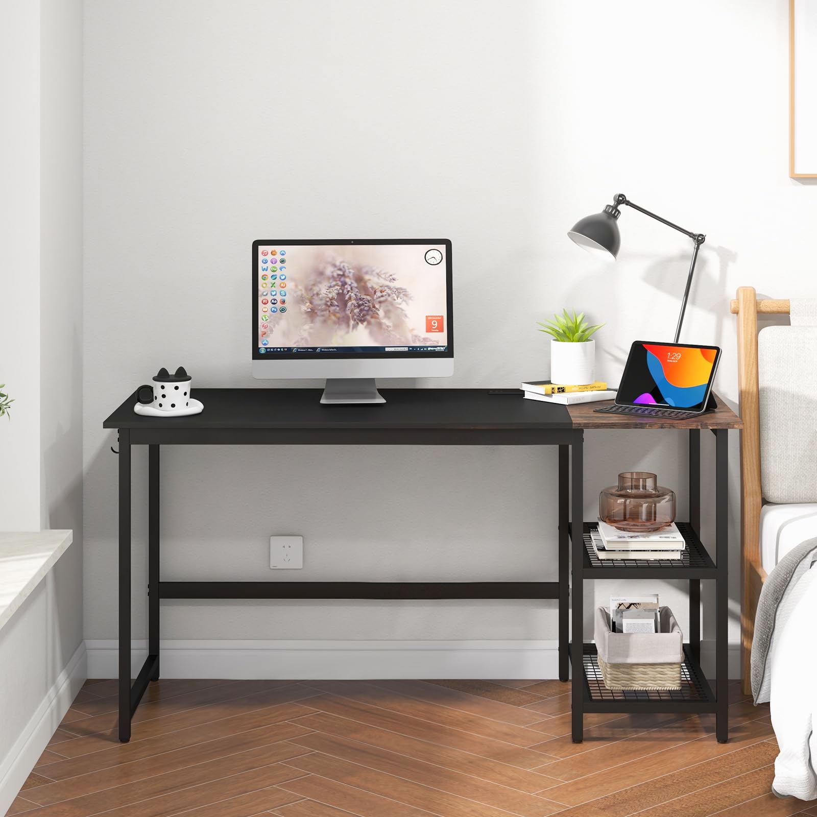 Tangkula 59 Inch Modern Industrial Computer Desk with USB Charging Station, 2-Tier Storage Shelves & Hooks - Sturdy Metal Frame Home Office Desk for PC, Laptop, Writing & Study - Perfect for Small Spaces, Gaming Setup & Remote Work