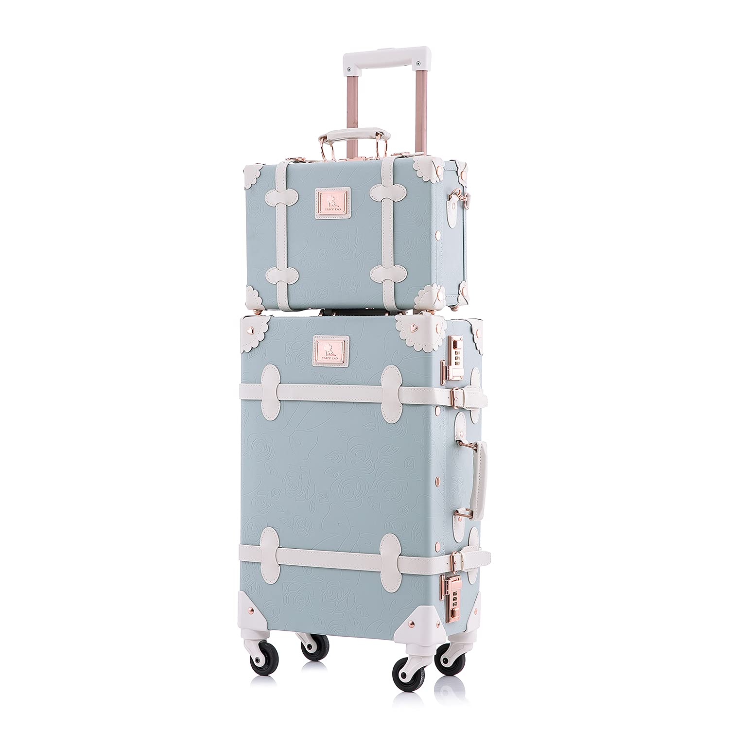 UNIWALKER Vintage 20 Inch Carry On Spinner Suitcase Set with 12 Inch Handbag - Embossed Blue Luggage for Travel, Business Trips & Weekend Getaways