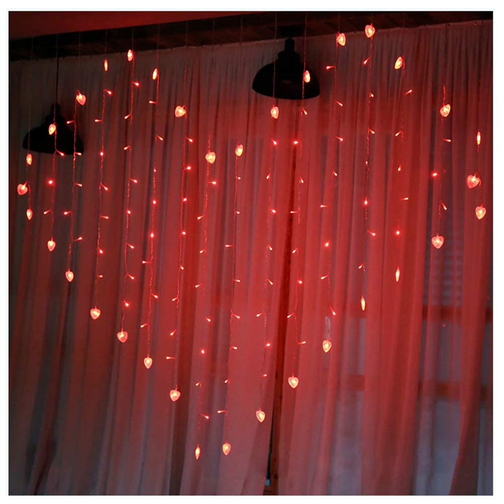 128 LED Heart Shaped Curtain Lights with Remote Control - 8 Lighting Modes, USB Powered Red Icicle Fairy String Lights for Outdoor & Indoor Use (6.6 x 4.9 ft) - Perfect for Bedroom, Patio, Wedding, Party, Christmas, and Holiday Decorations
