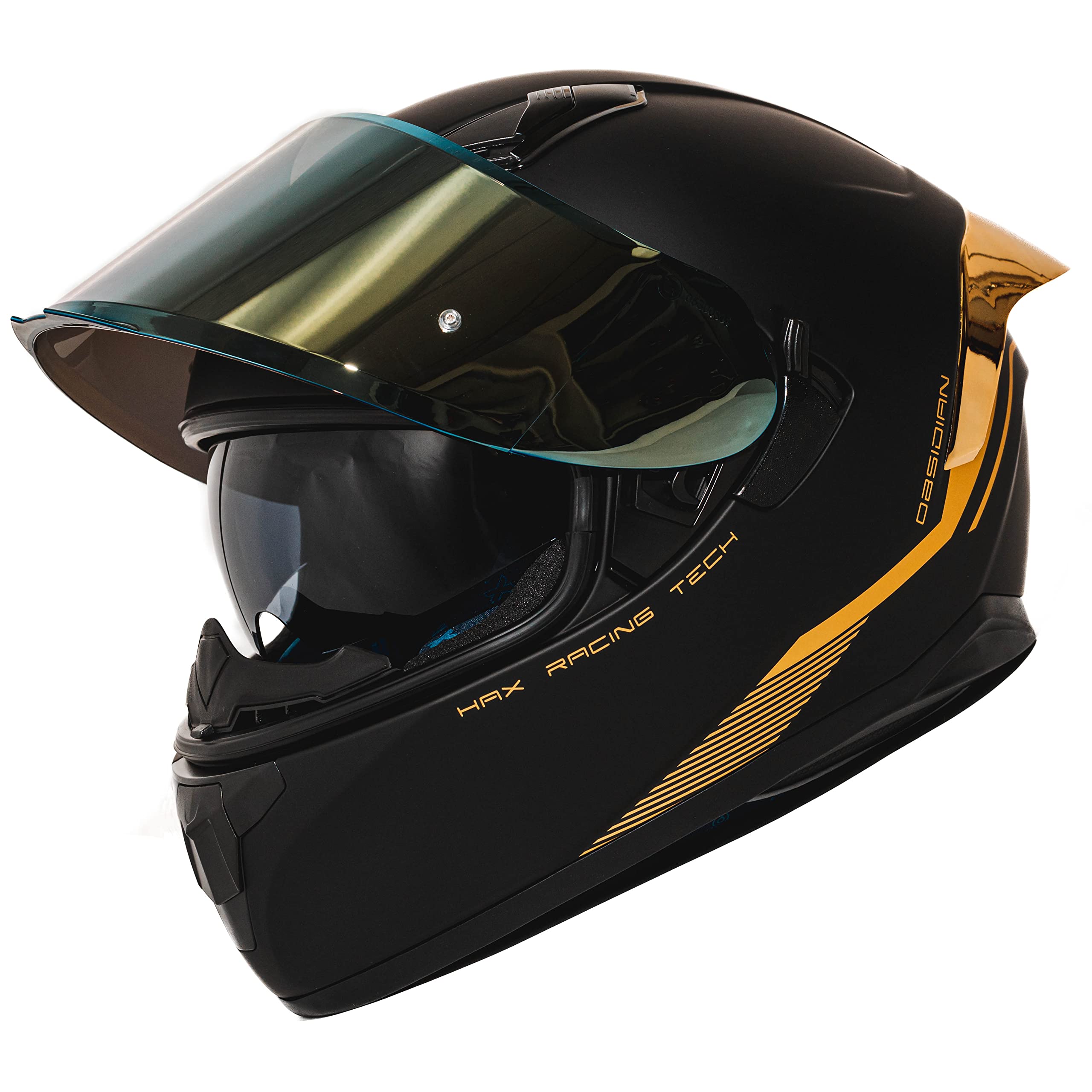 HAX Obsidian Full Face Motorcycle Helmet DOT Approved - Dual Visor, Pinlock Ready for Street Bike - Matte Black Gold Finish - Perfect for Commuting, Racing & Long Distance Riding