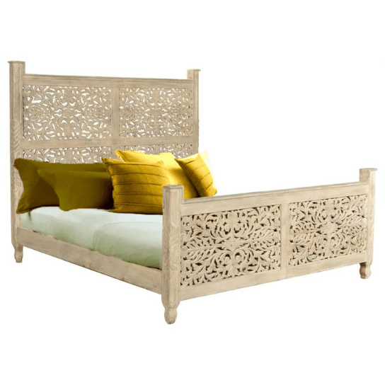 Hand Carved Solid Wood Bed Frame - Queen Size Rustic Wooden Bed with Headboard - Perfect for Farmhouse, Cottage & Bedroom Decor