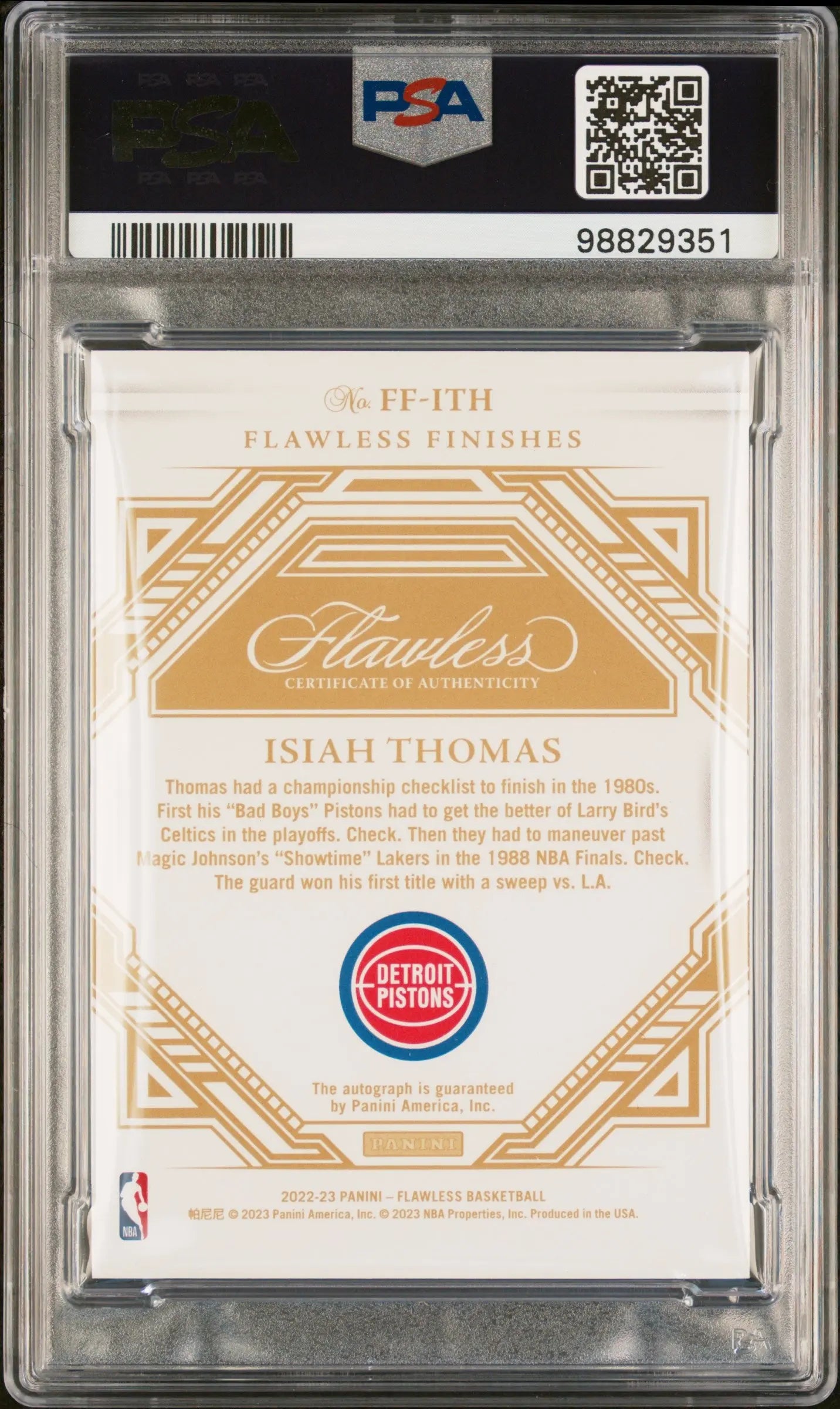 2022 Panini Flawless Flawless Finishes Auto Amethyst Isiah Thomas PSA 9 /3 - Rare Basketball Trading Card for Collectors & Investors - Perfect for Display, Gifting, and Sports Memorabilia Collections