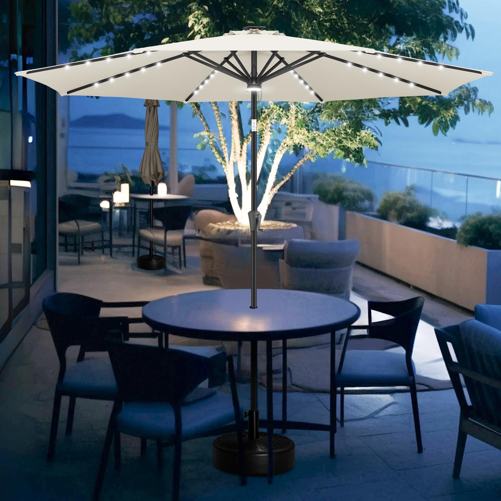 FLAME&SHADE 9 ft Solar Powered LED Patio Umbrella with Tilt - Waterproof Outdoor Market Umbrella for Pool, Garden, Deck - Ivory Sun Shade with Auto Lights for Evening Dining