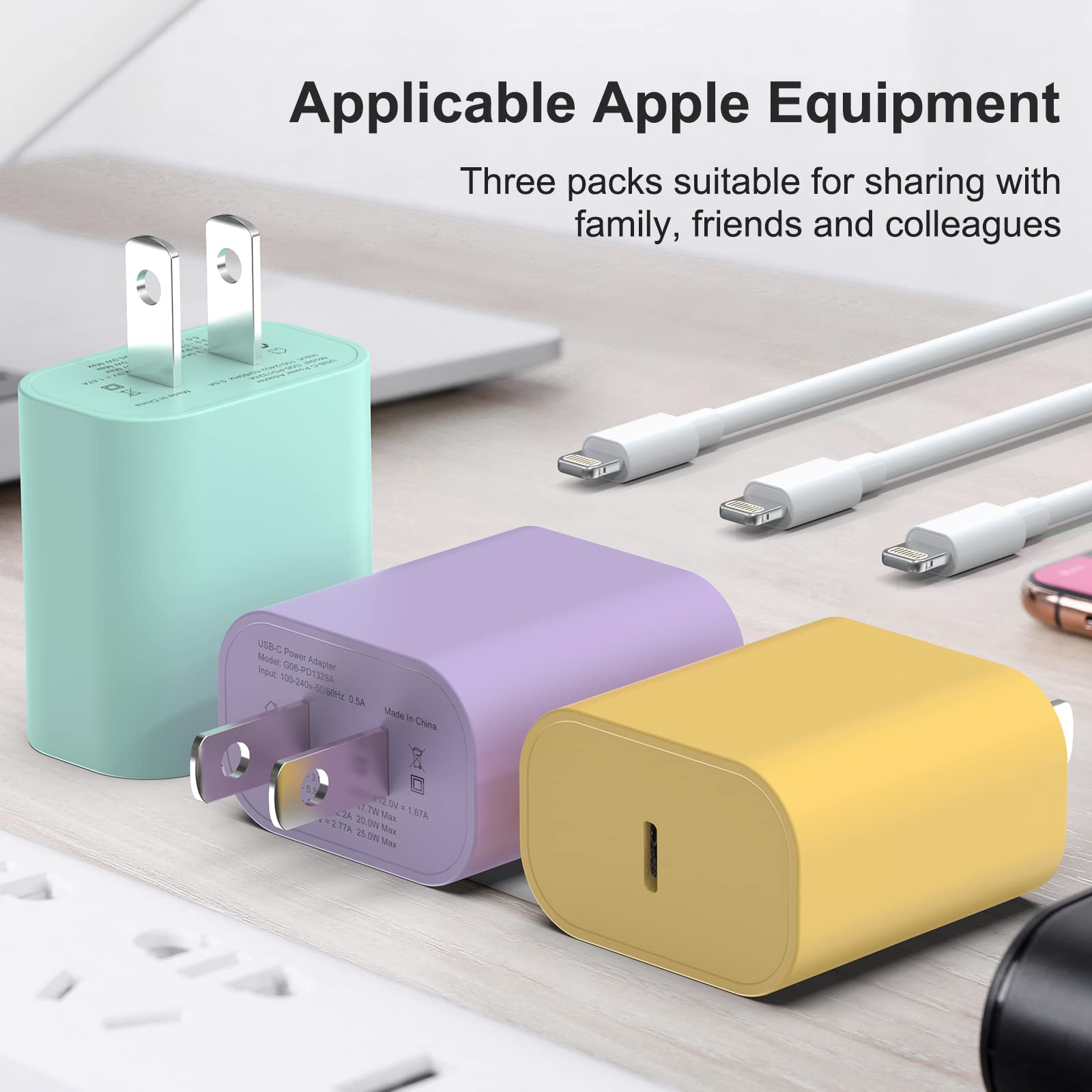 3 Pack 20W PD Fast USB C Wall Charger with MFi Certified 6FT Type C to Lightning Cables - Compatible with iPhone 14/13/12/11 Pro Max/XS/XR/X & iPad (Yellow, Purple, Green) - Perfect for Home, Office & Travel Charging