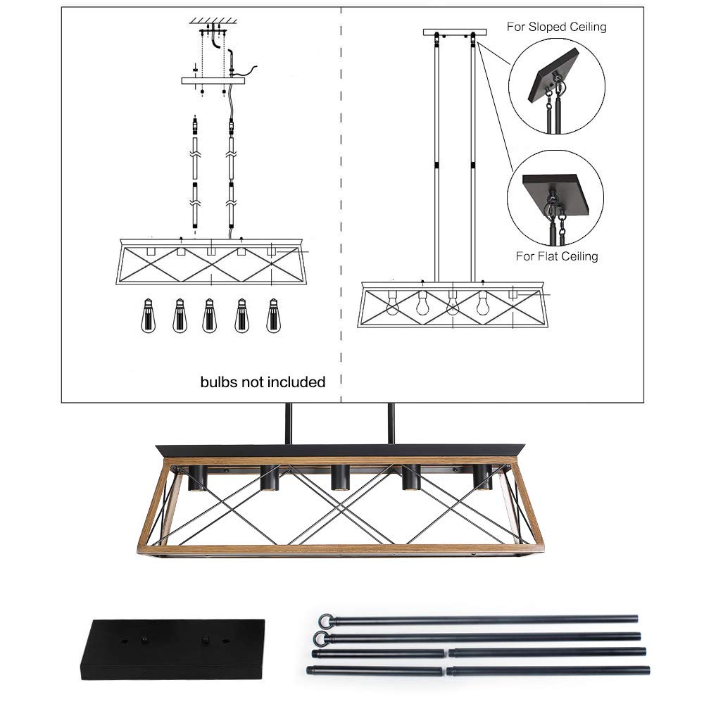 Voohek Farmhouse Chandelier - 5-Light Kitchen Island Lighting with Adjustable Height & Tilt, Walnut Finish & Rust-Resistant E26 Base | Perfect for Rustic Kitchens, Dining Rooms & Farmhouse Decor